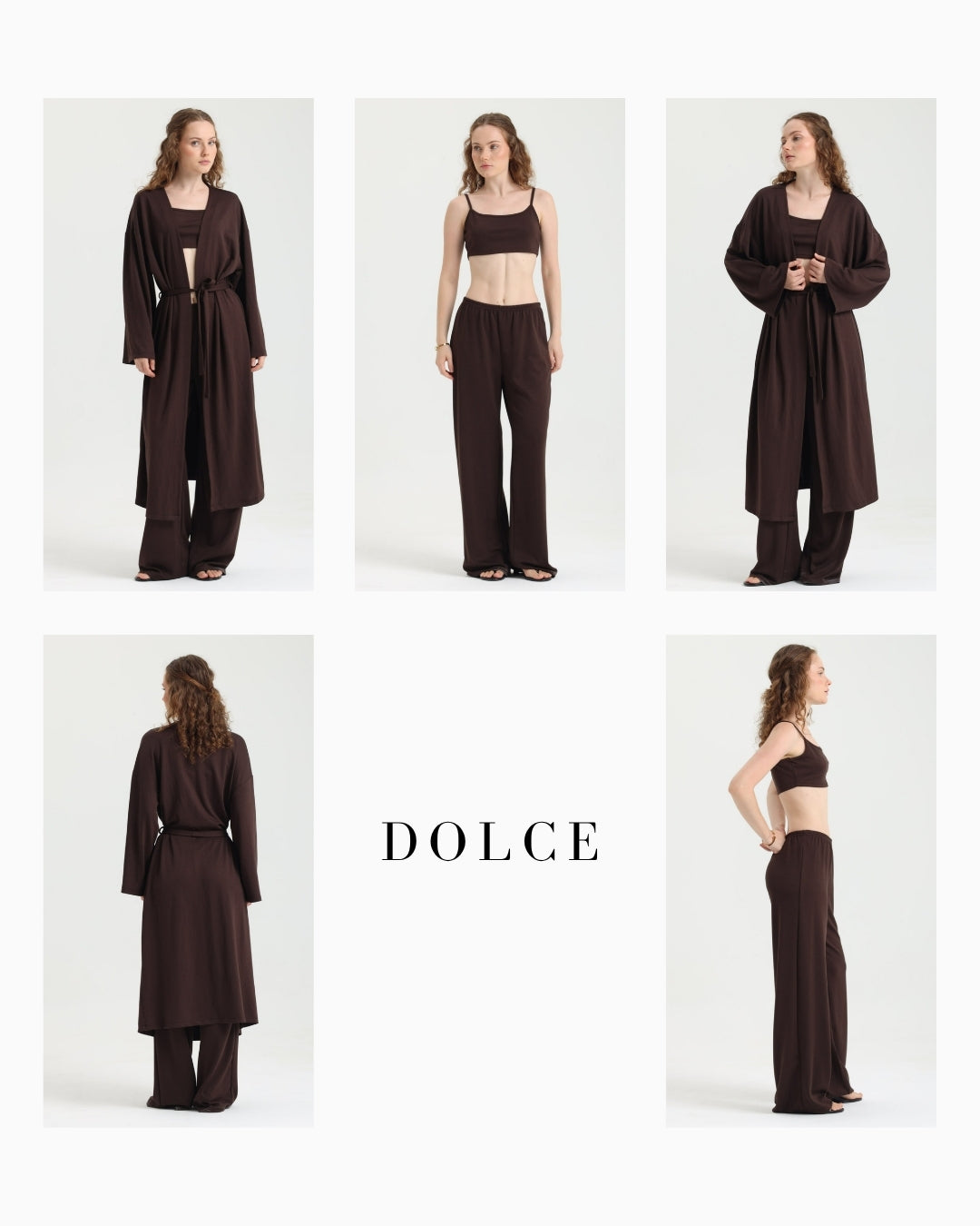 Dolce Acı Kahve Pantolon - Crop Top - Kuşaklı Kimono Set