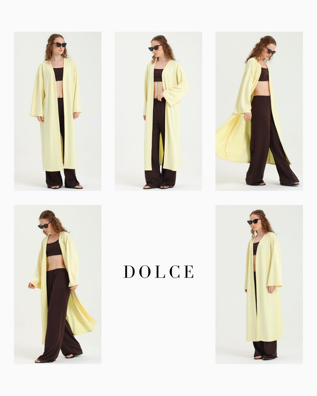 Dolce Acı Kahve Pantolon - Crop Top - Sarı Kuşaklı Kimono Set