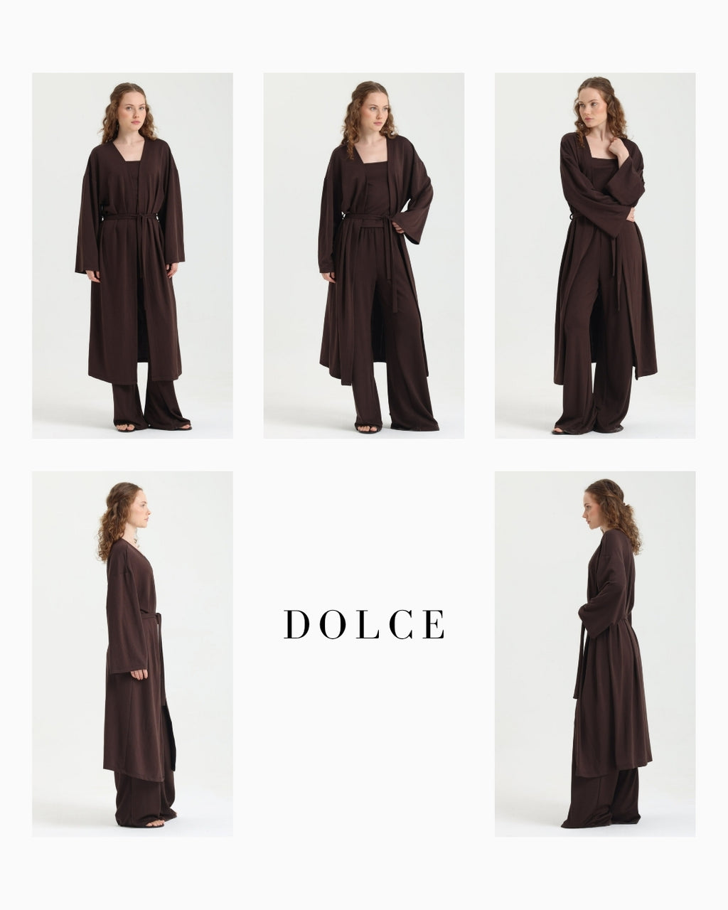 Dolce Acı Kahve Pantolon - Askılı Top - Kuşaklı Kimono Set