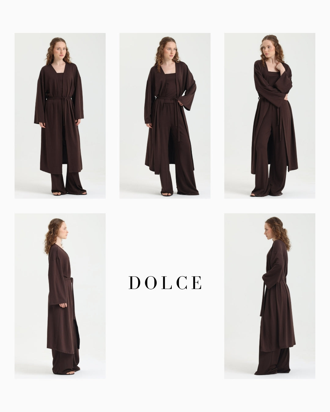 Dolce Acı Kahve Pantolon - Askılı Top - Kuşaklı Kimono Set