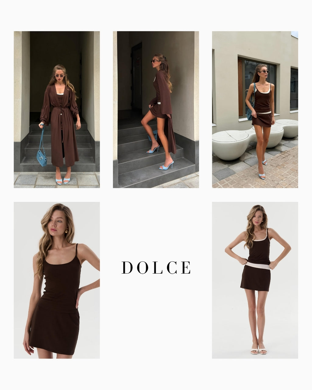 Dolce Acı Kahve Mini Etek - Askılı Top - Kuşaklı Kimono Set