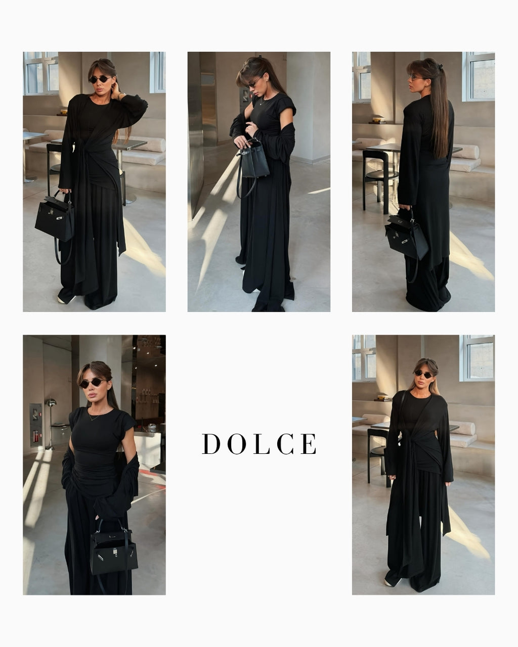 Aisha Siyah Vatkalı T-shirt - Pileli Pantolon - Kimono Set
