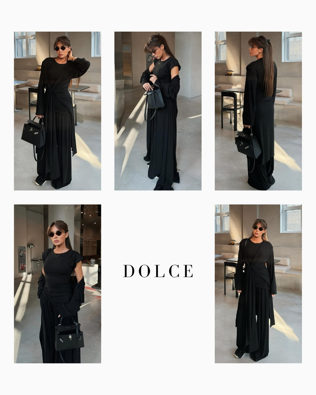 Aisha Siyah Vatkalı T-shirt - Pileli Pantolon - Kimono Set