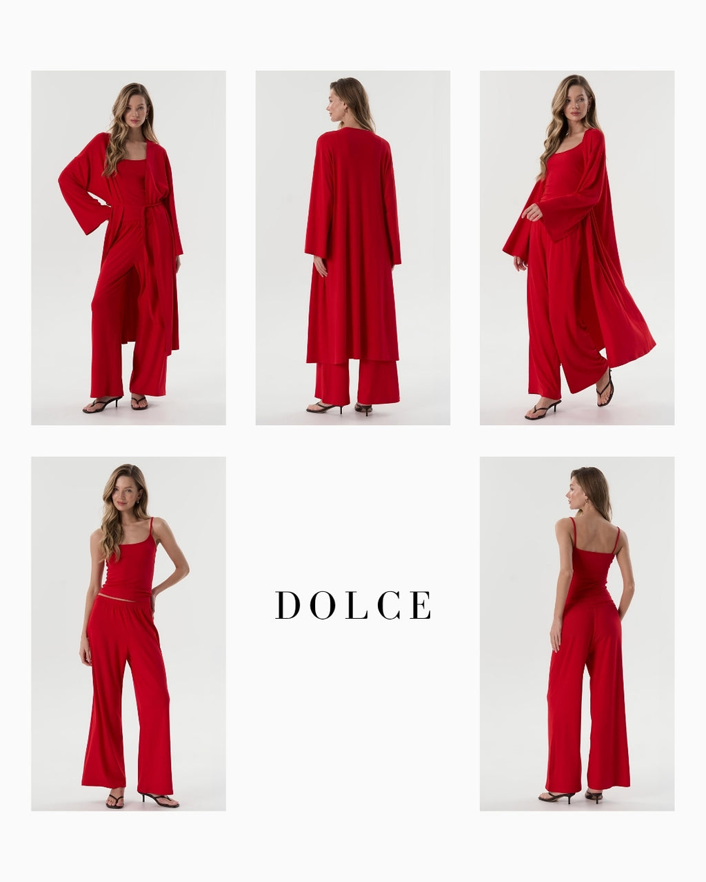 Dolce Kırmızı Pantolon - Askılı Top - Kuşaklı Kimono Set