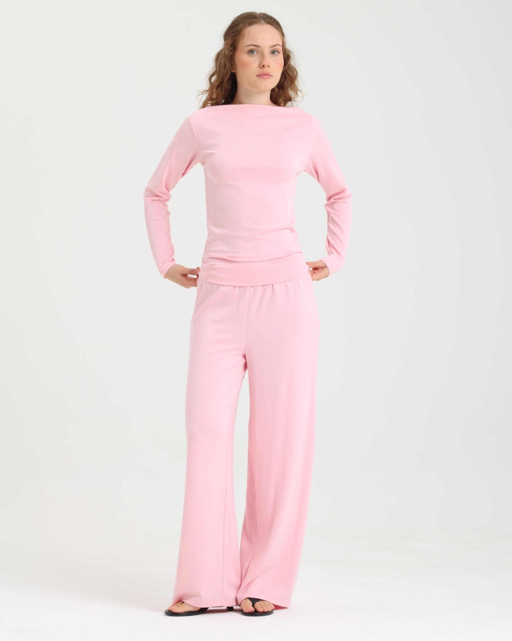 Dolce Pembe Kayık Yaka Bluz - Pantolon Set
