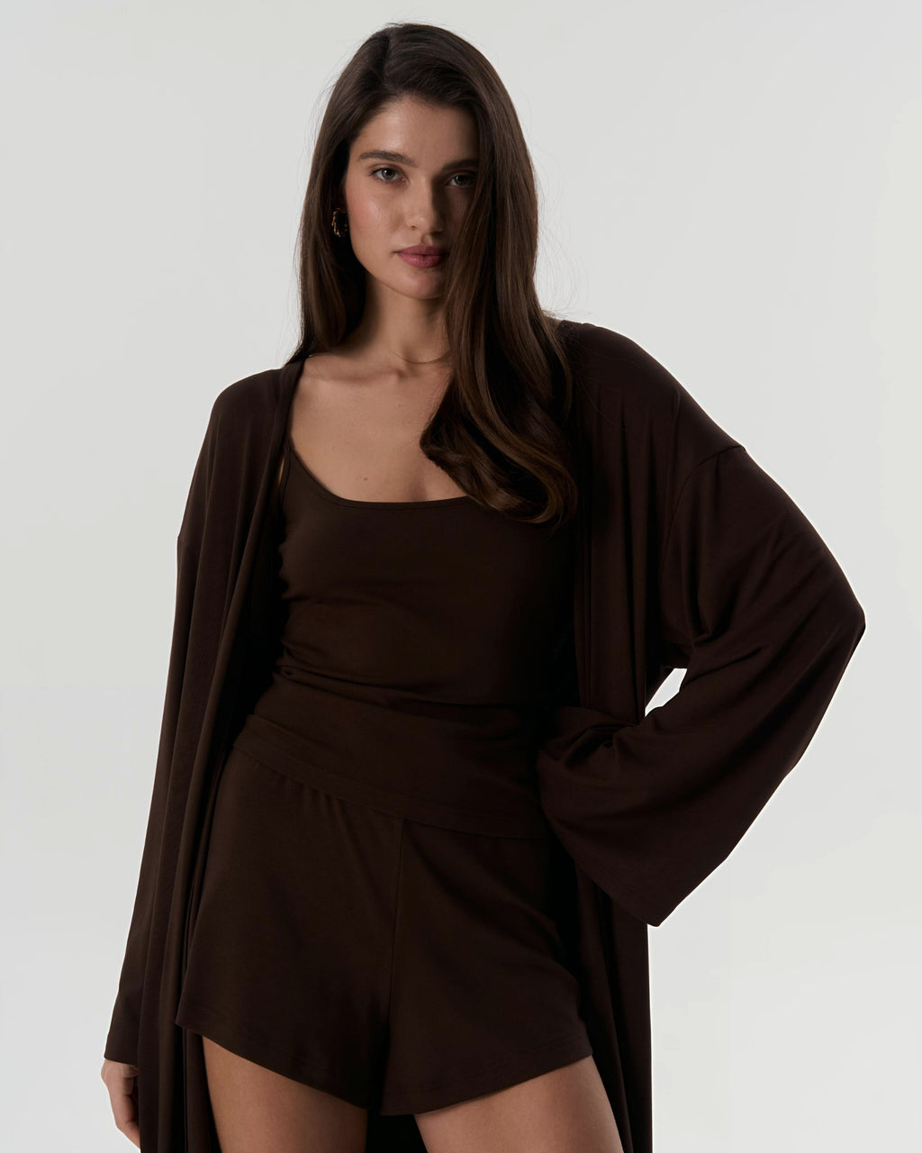Dolce Acı Kahve Şort - Askılı Top - Kuşaklı Kimono Set