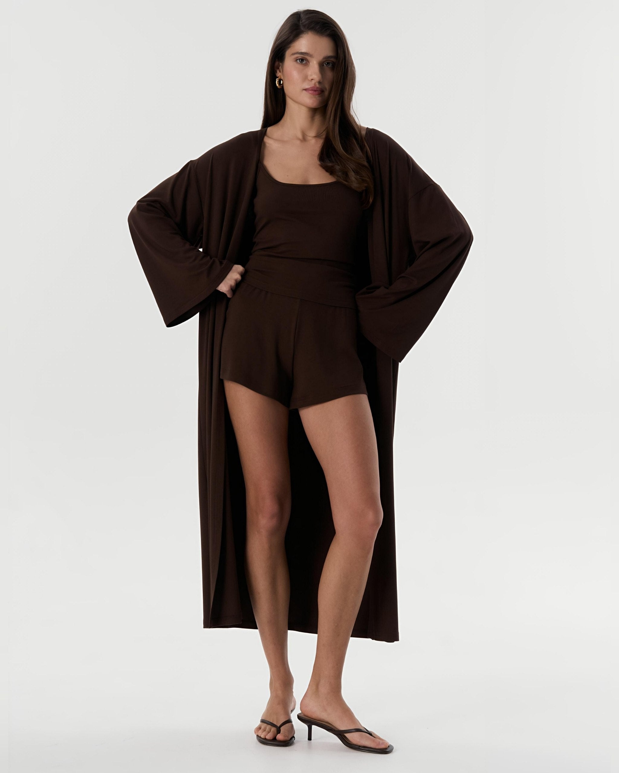 Dolce Acı Kahve Şort - Askılı Top - Kuşaklı Kimono Set