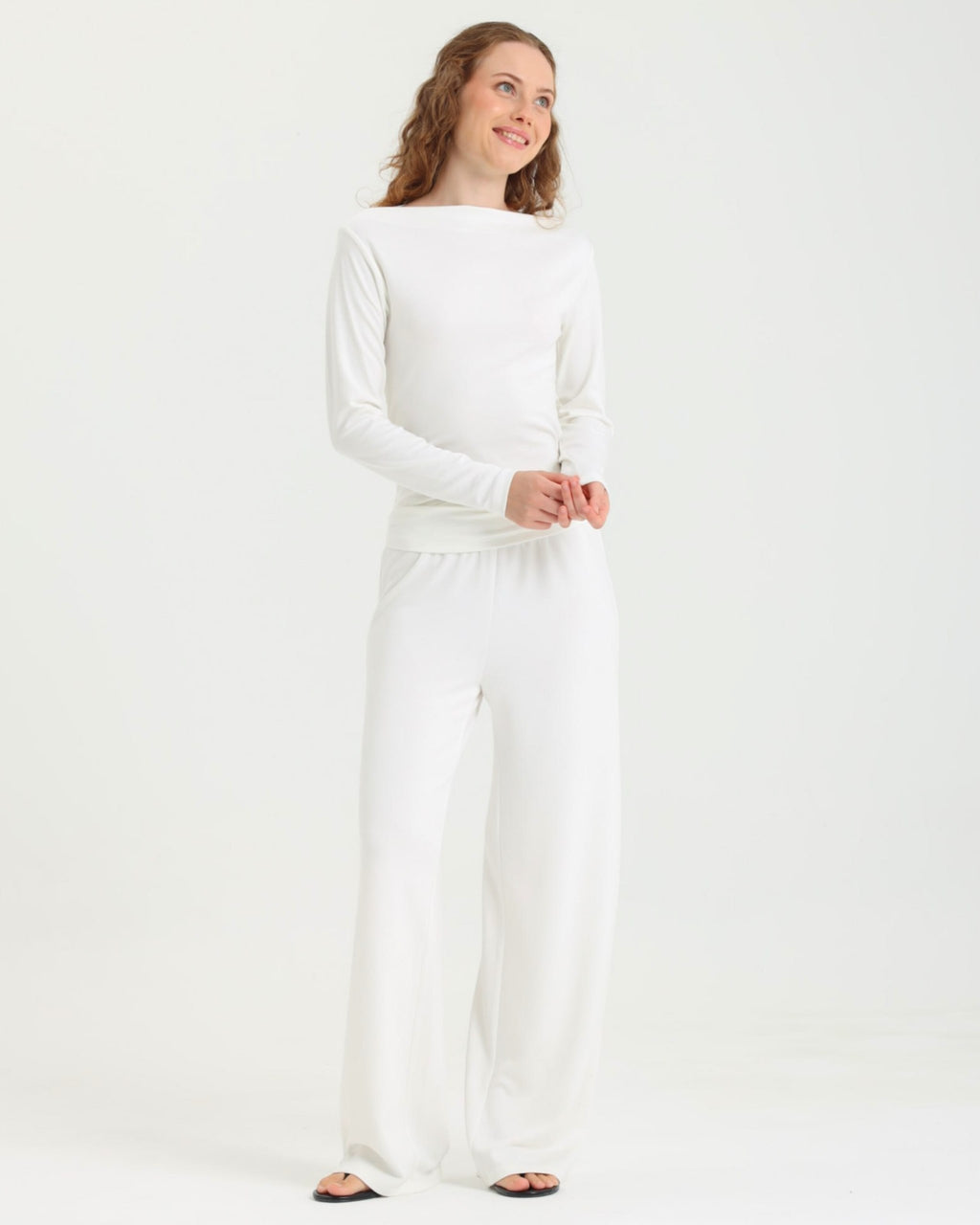 Dolce Beyaz Kayık Yaka Bluz - Pantolon Set