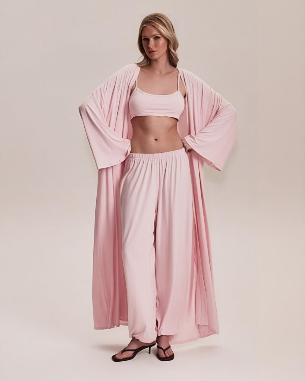 Dolce Pembe Pantolon - Crop Top - Kimono Set