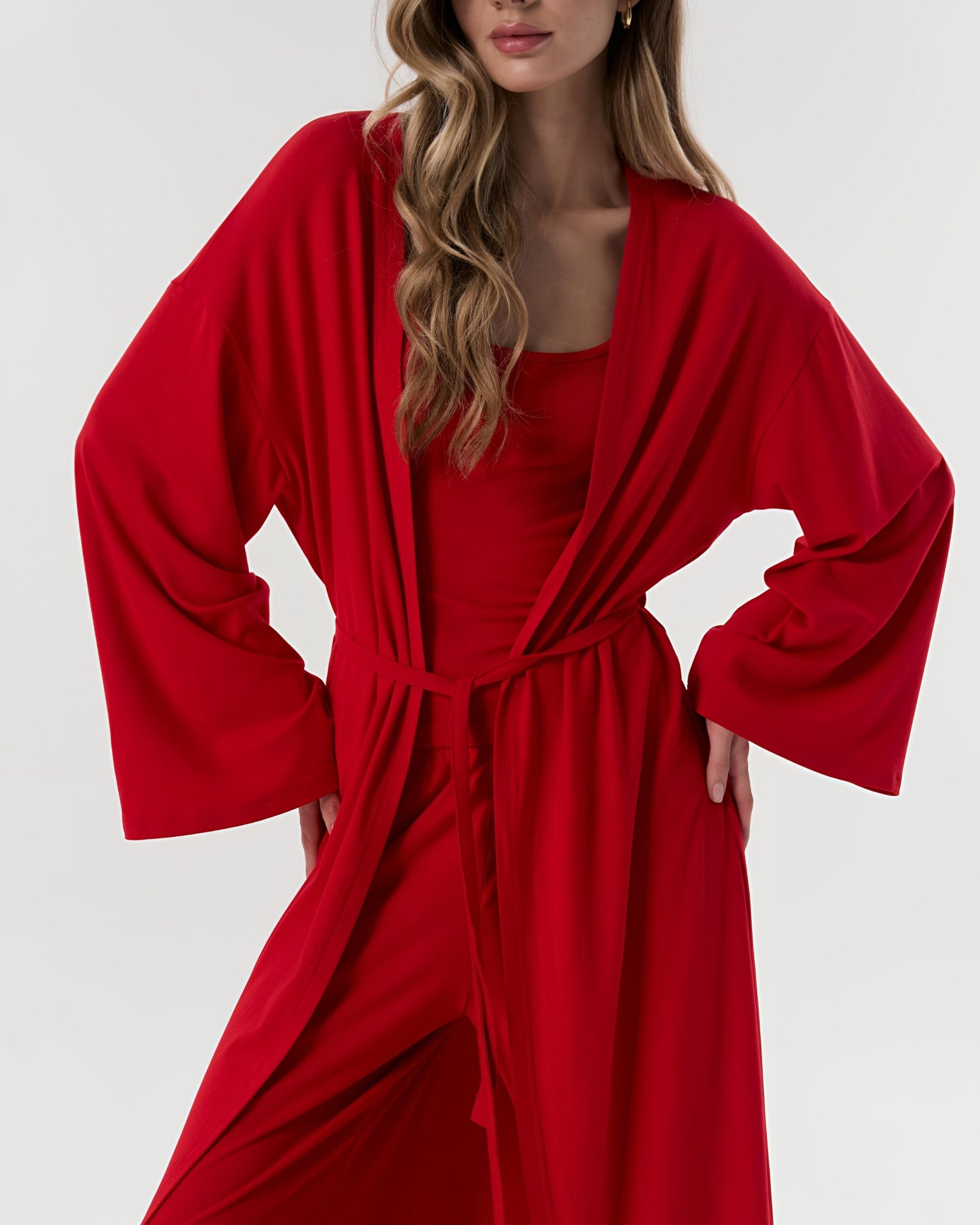 Dolce Kırmızı Pantolon - Askılı Top - Kuşaklı Kimono Set