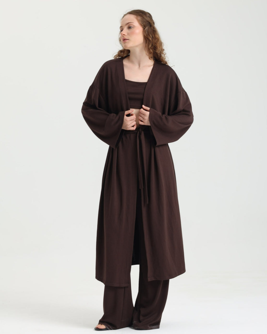 Dolce Acı Kahve Pantolon - Crop Top - Kuşaklı Kimono Set