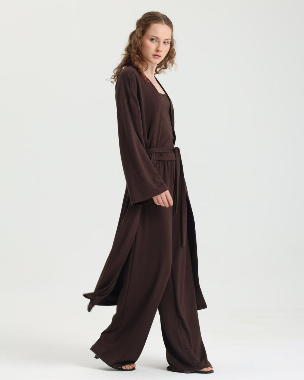 Dolce Acı Kahve Pantolon - Askılı Top - Kuşaklı Kimono Set
