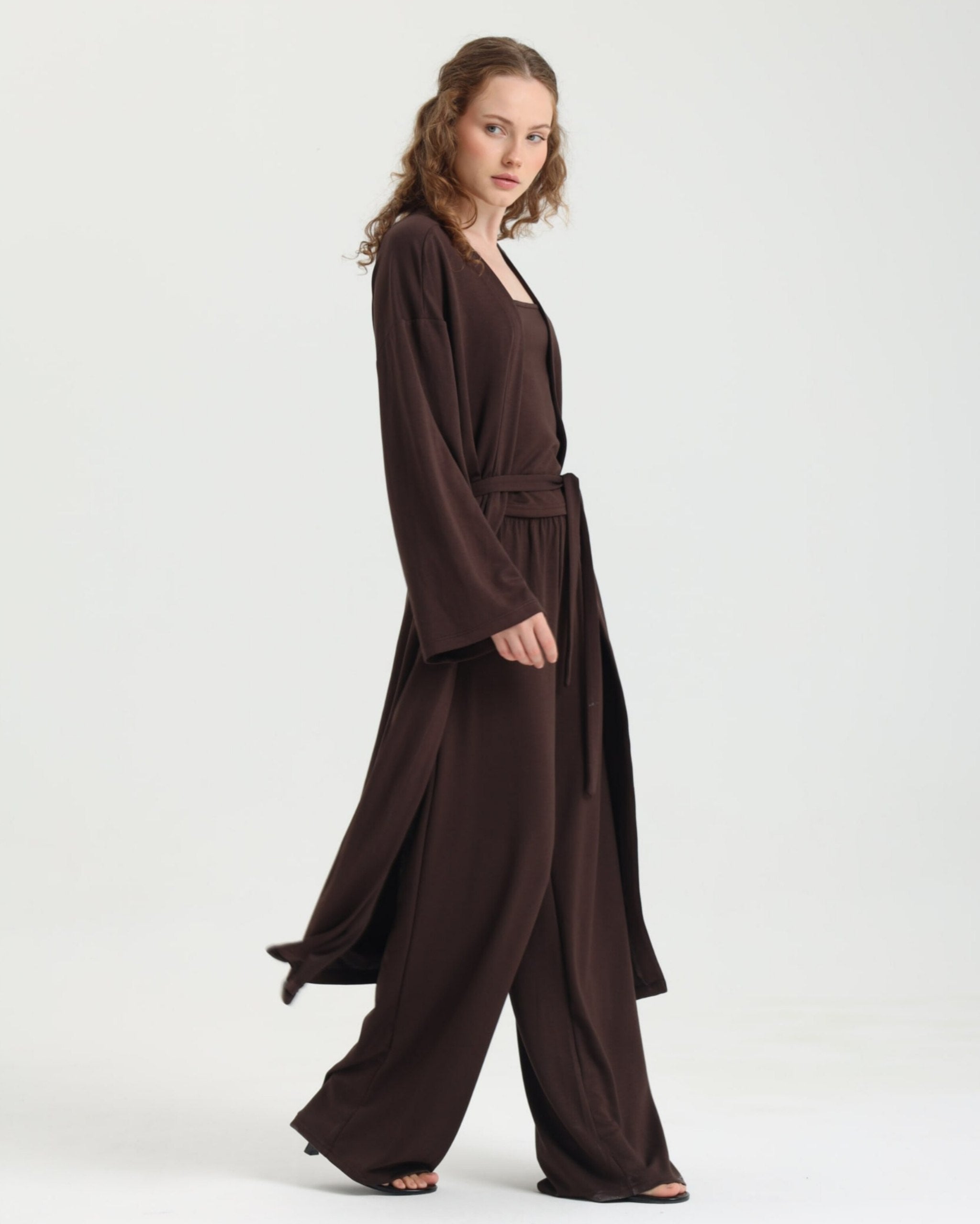 Dolce Acı Kahve Pantolon - Askılı Top - Kuşaklı Kimono Set