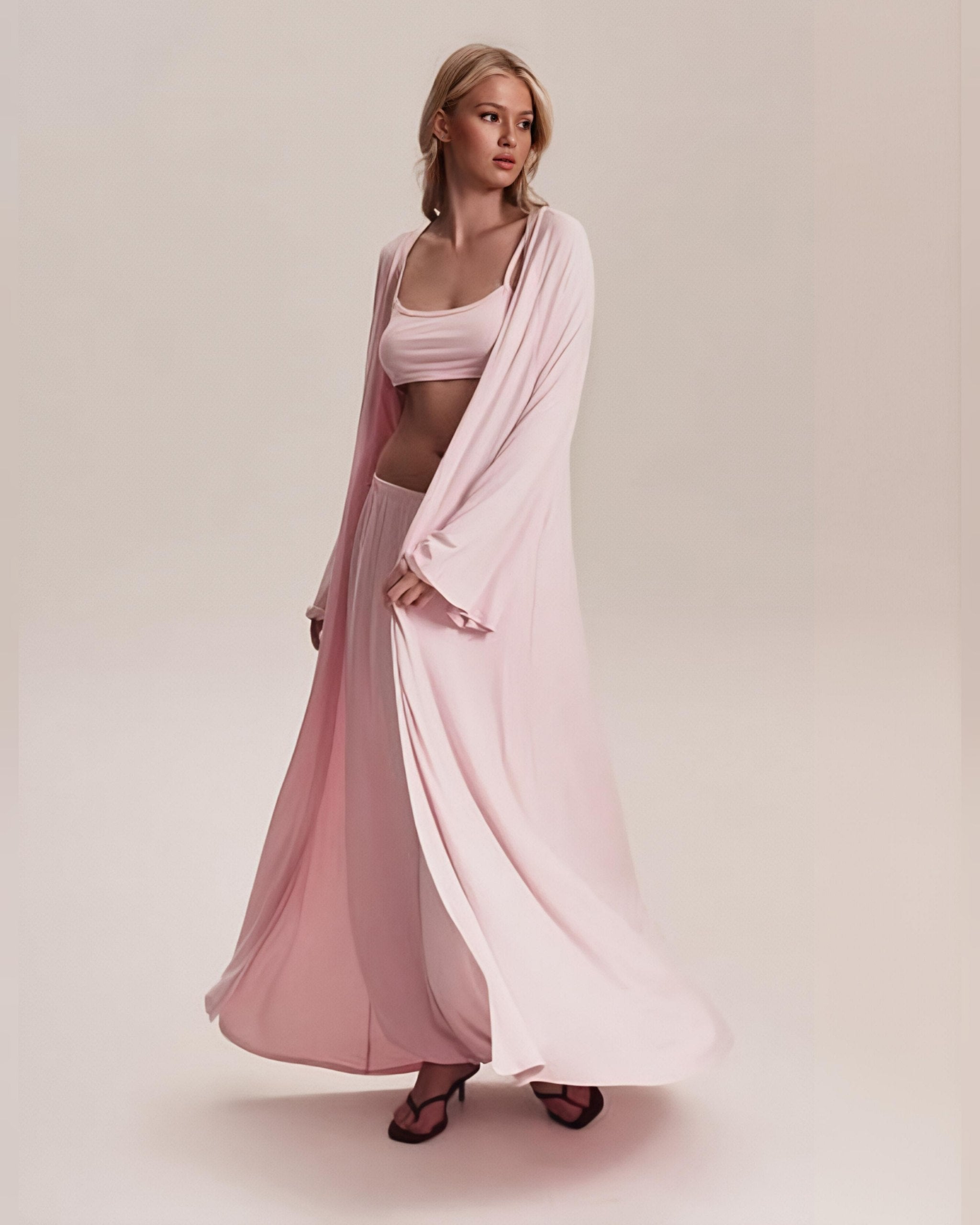 Dolce Pembe Pantolon - Crop Top - Kimono Set