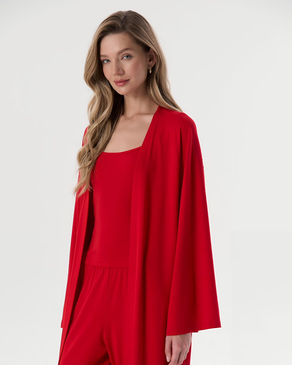 Dolce Kırmızı Pantolon - Askılı Top - Kuşaklı Kimono Set