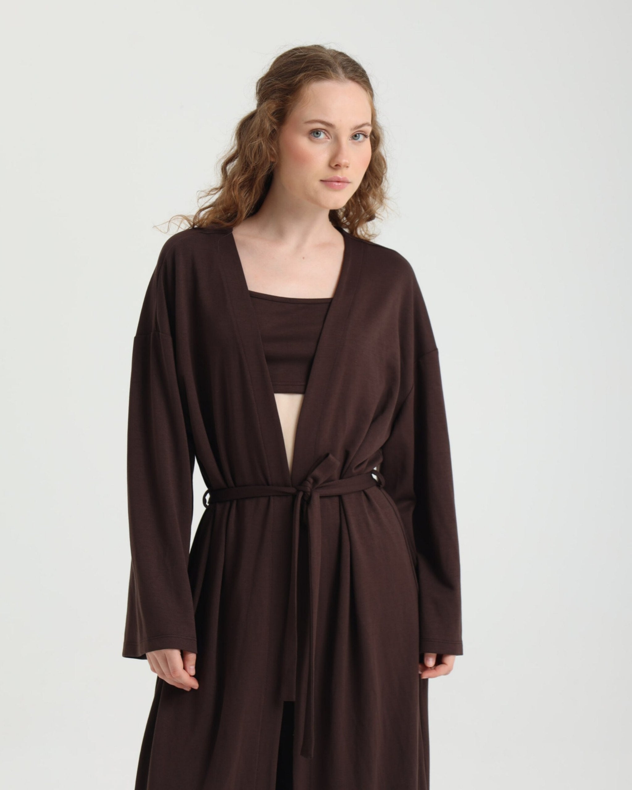 Dolce Acı Kahve Pantolon - Crop Top - Kuşaklı Kimono Set