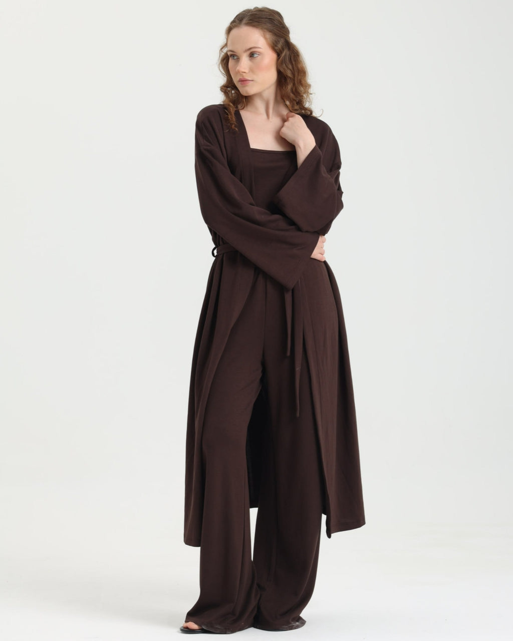 Dolce Acı Kahve Pantolon - Askılı Top - Kuşaklı Kimono Set