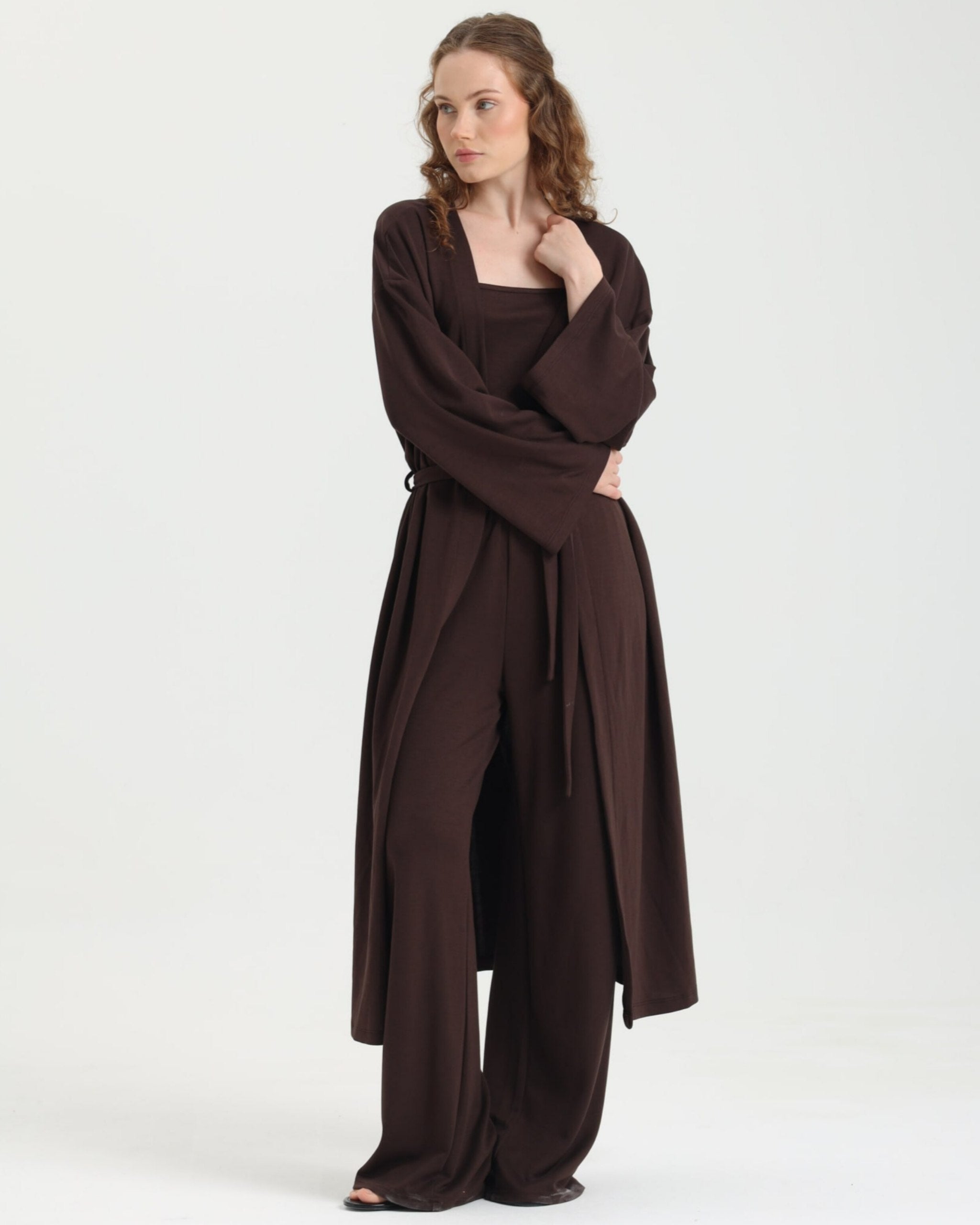 Dolce Acı Kahve Pantolon - Askılı Top - Kuşaklı Kimono Set