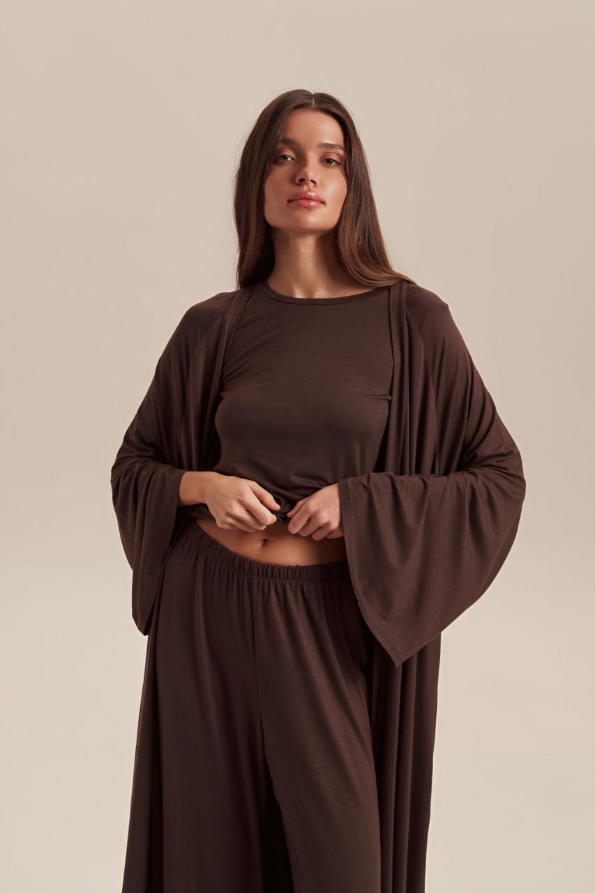Dolce Acı Kahve T-shirt - Pantolon - Kimono Set