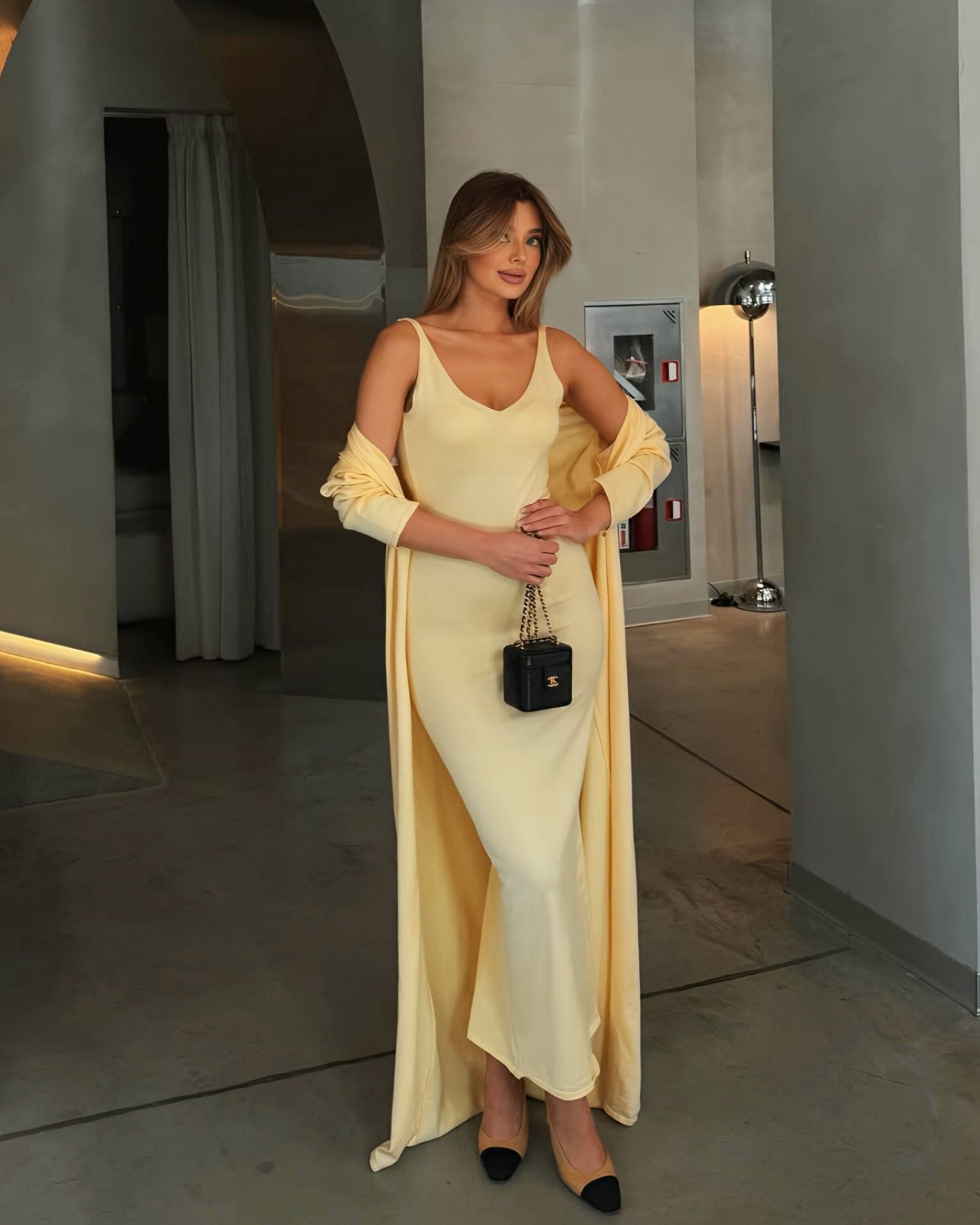 Luna Exclusive Sarı Elbise Takım