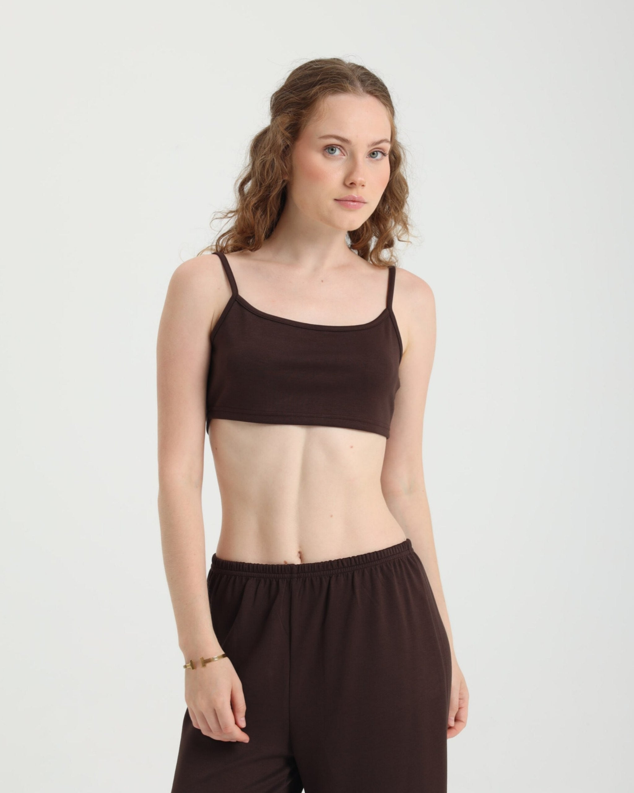 Dolce Acı Kahve Pantolon - Crop Top - Kuşaklı Kimono Set