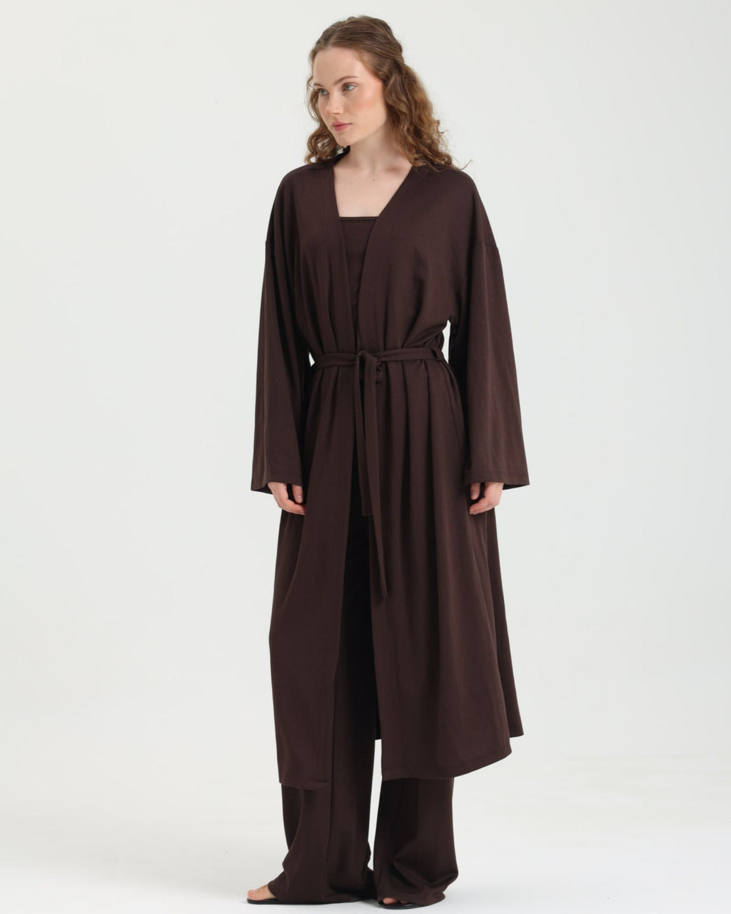 Dolce Acı Kahve Pantolon - Askılı Top - Kuşaklı Kimono Set
