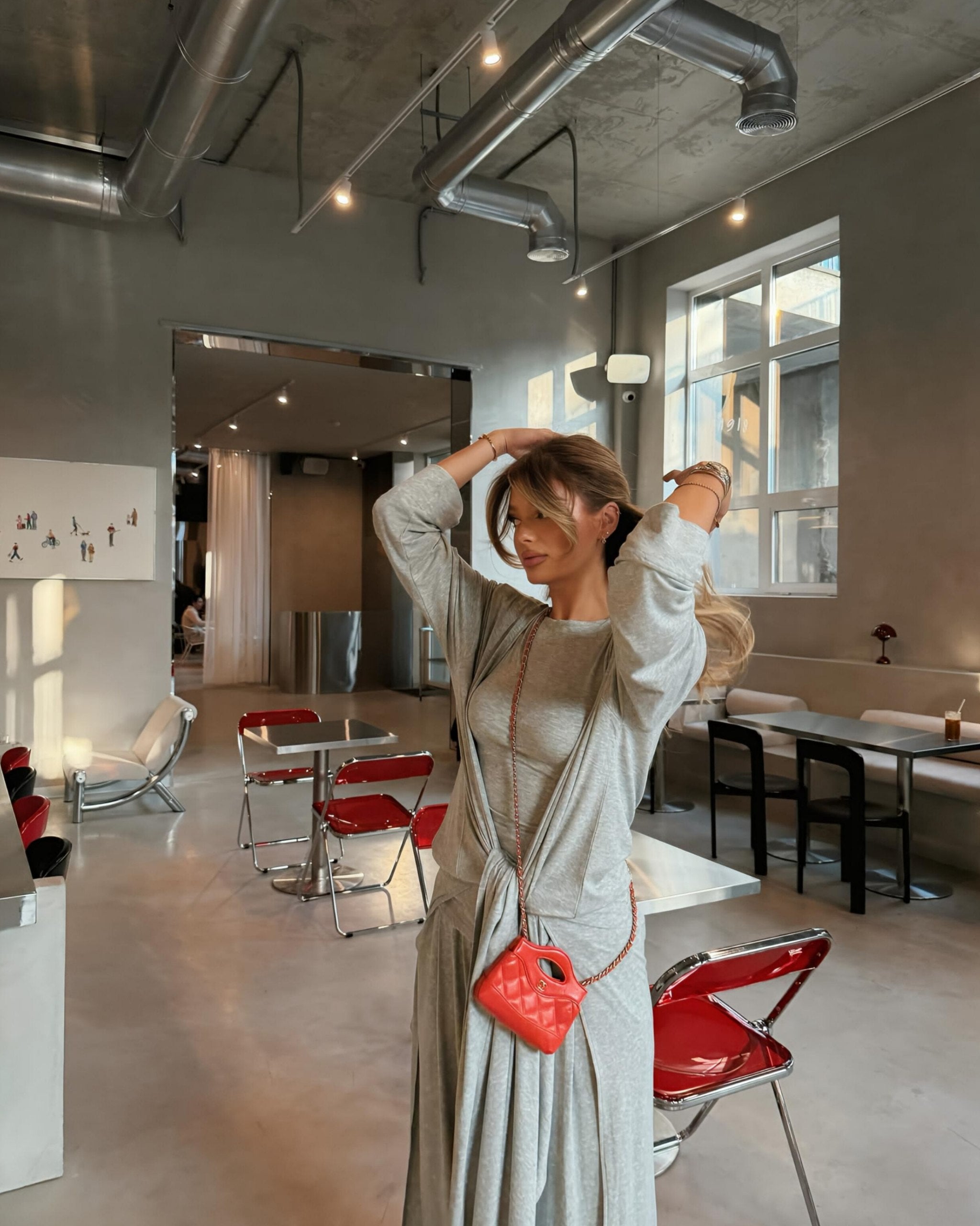Aisha Gri Vatkalı T-shirt - Pileli Pantolon - Kimono Set