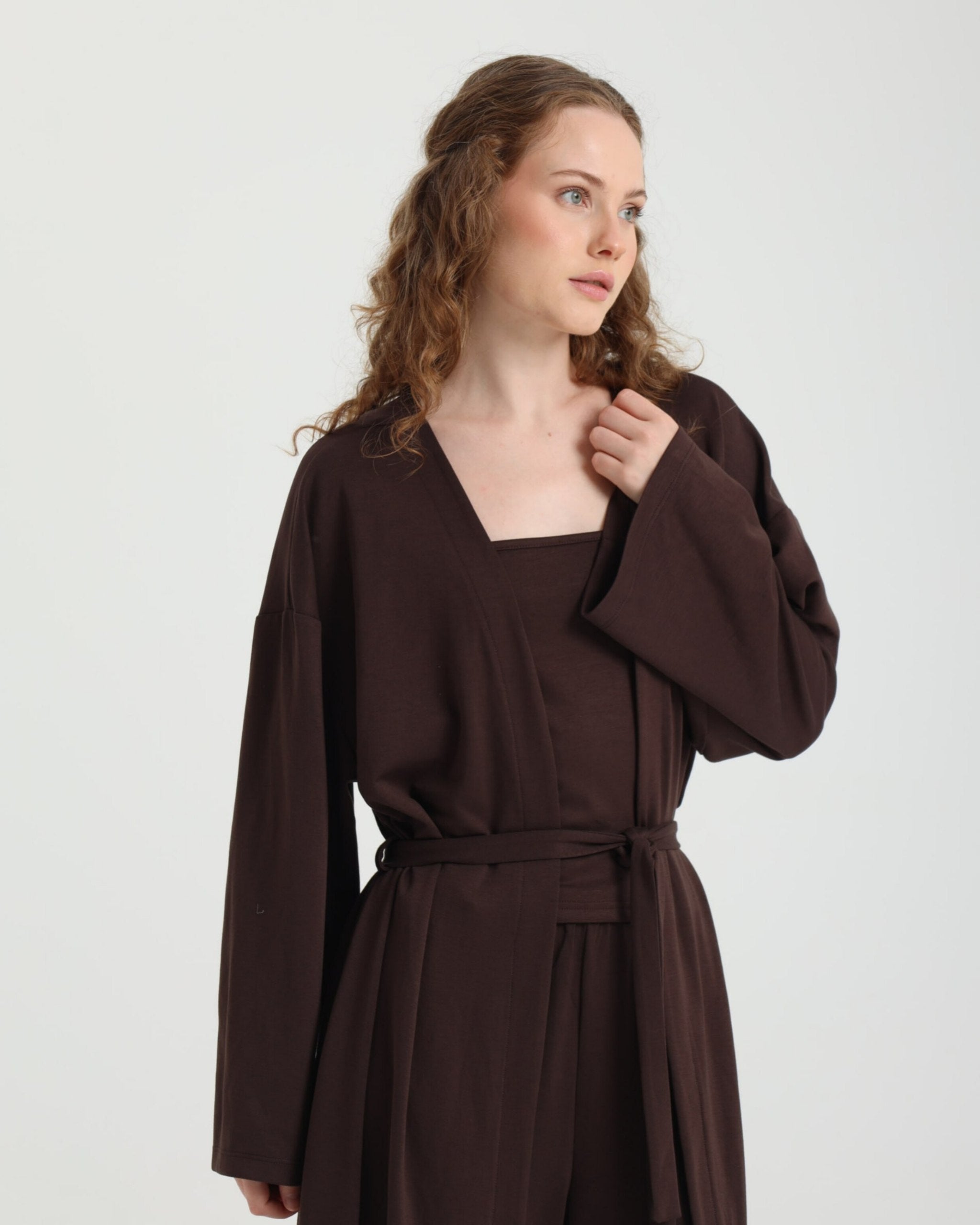 Dolce Acı Kahve Pantolon - Askılı Top - Kuşaklı Kimono Set