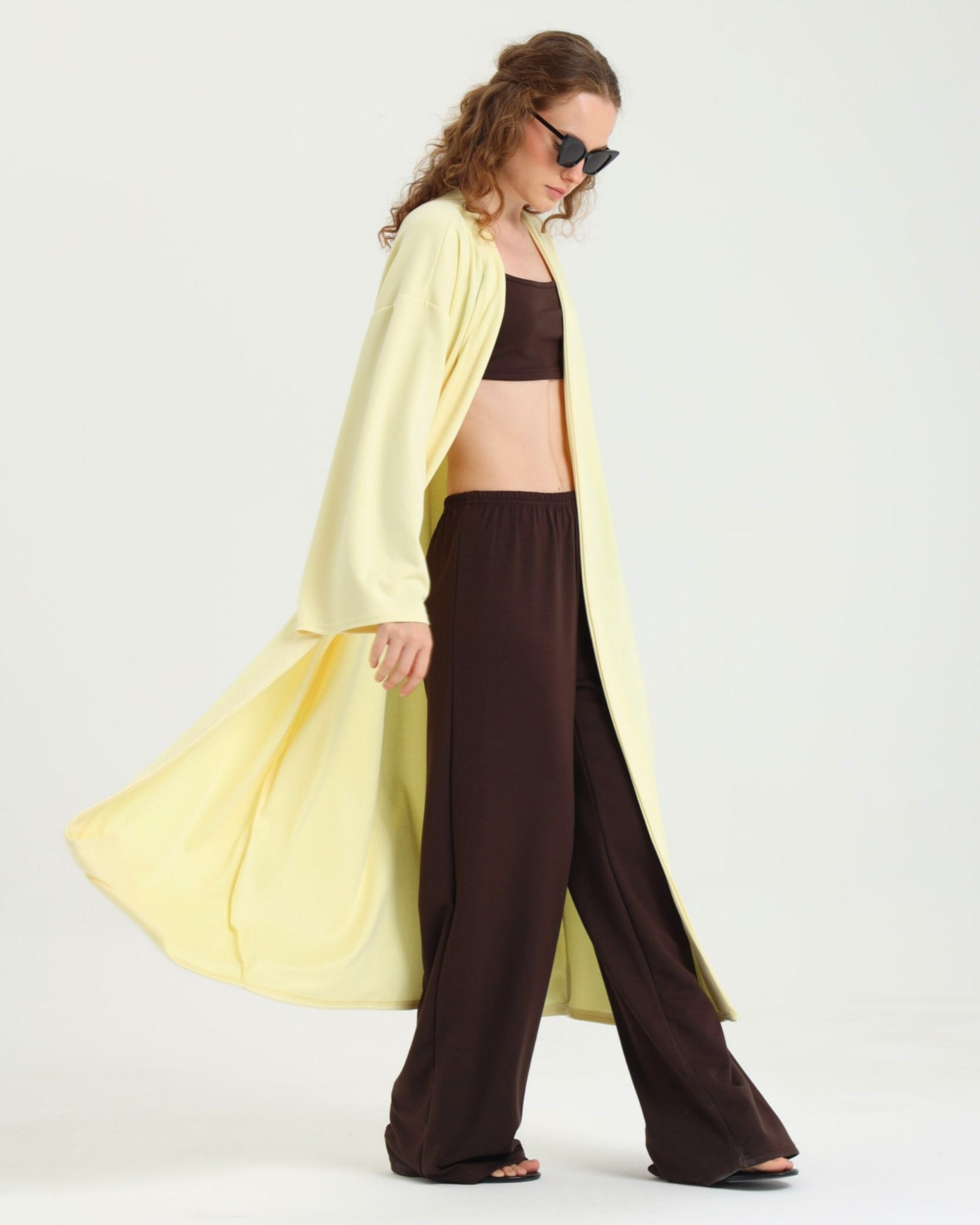 Dolce Acı Kahve Pantolon - Crop Top - Sarı Kuşaklı Kimono Set