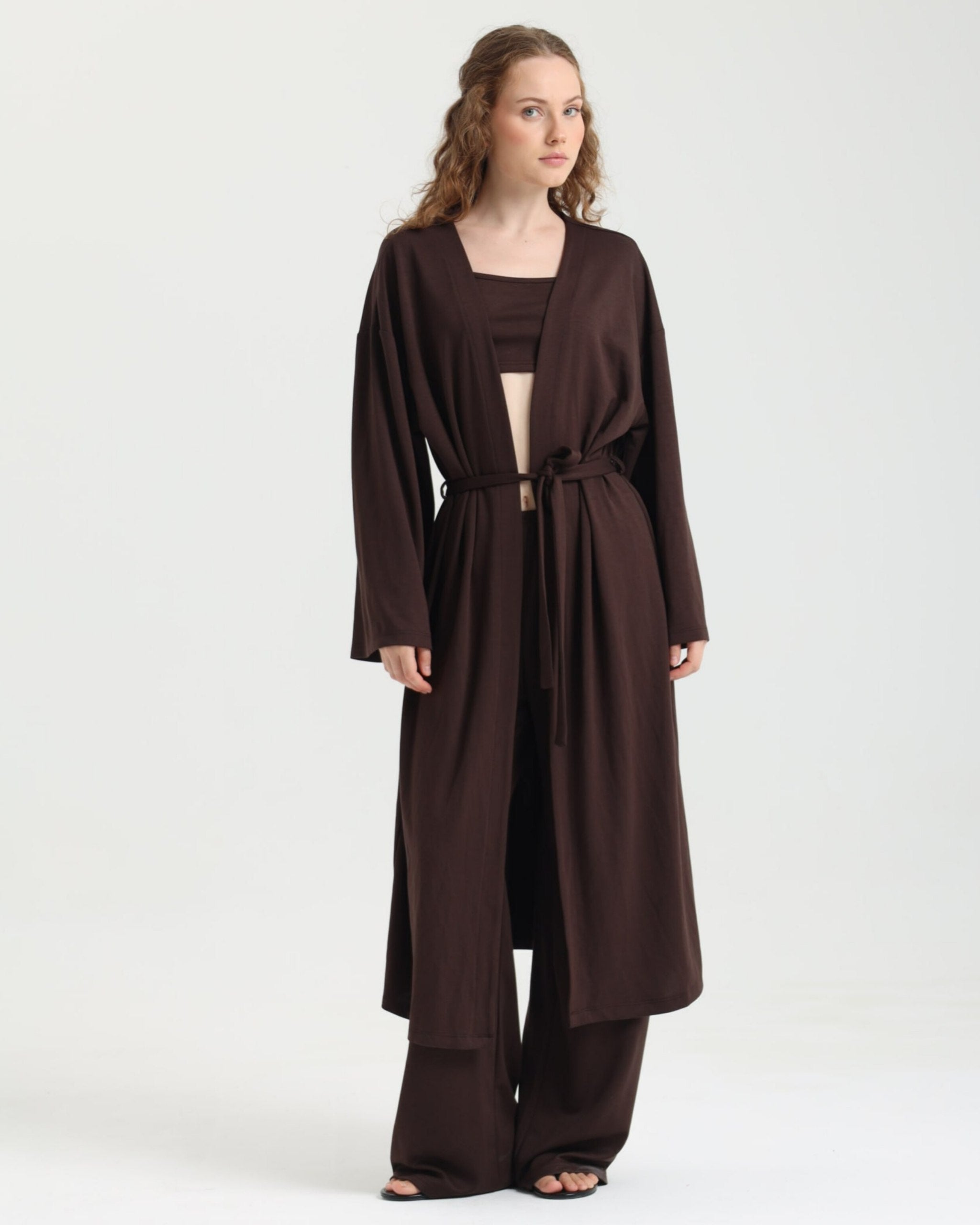 Dolce Acı Kahve Pantolon - Crop Top - Kuşaklı Kimono Set