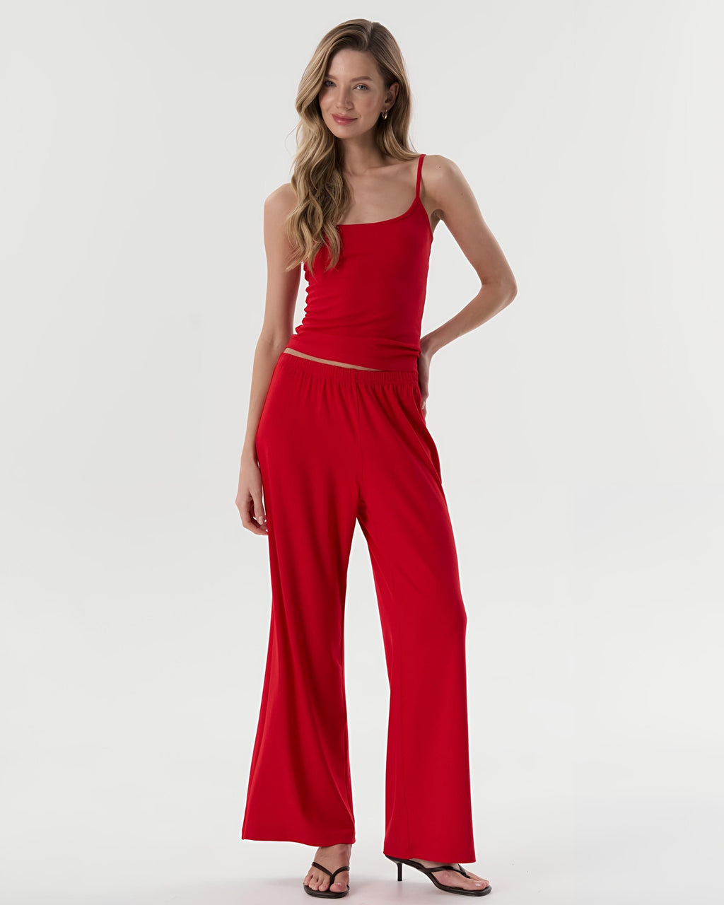 Dolce Kırmızı Pantolon - Askılı Top - Kuşaklı Kimono Set