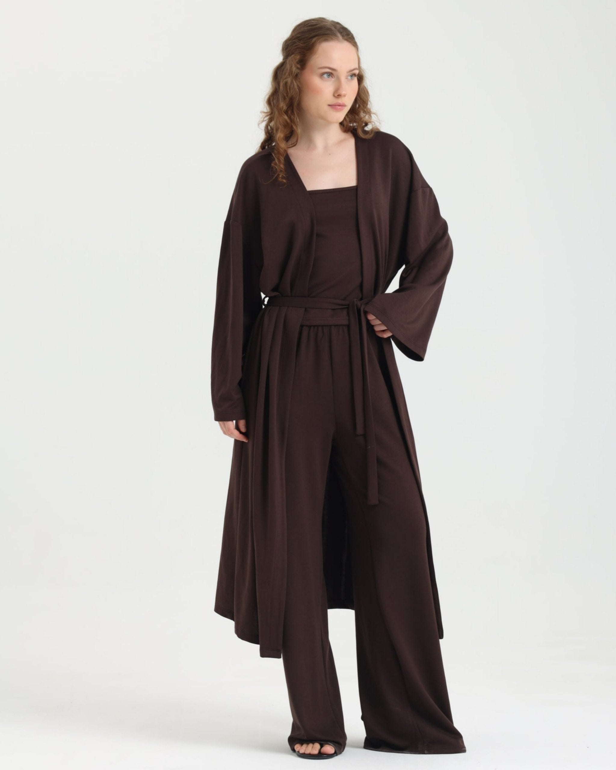 Dolce Acı Kahve Pantolon - Askılı Top - Kuşaklı Kimono Set