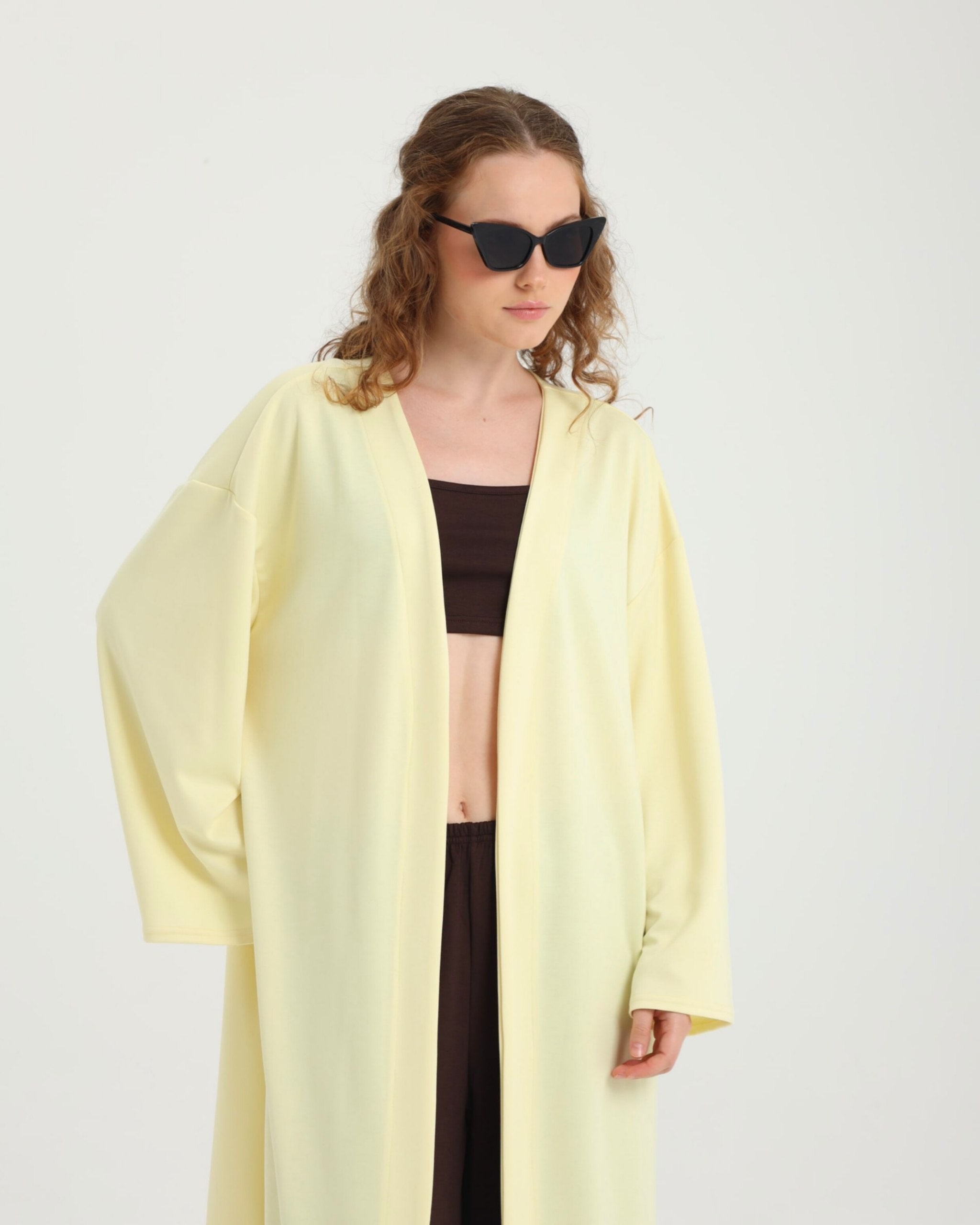 Dolce Acı Kahve Pantolon - Crop Top - Sarı Kuşaklı Kimono Set