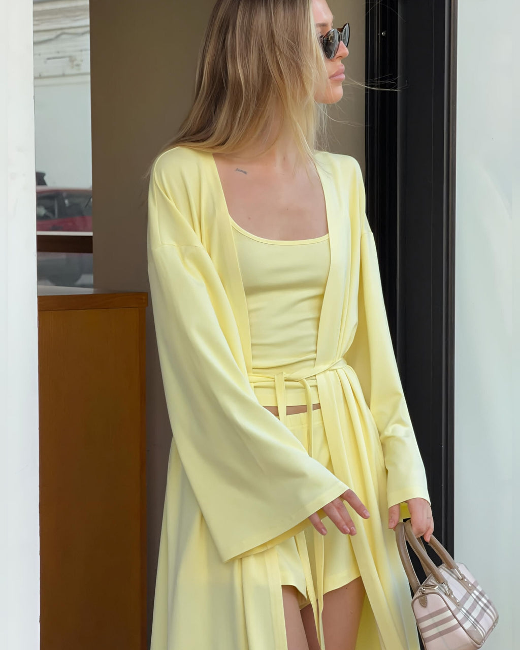 Dolce Soft Sarı Şort - Askılı Top - Kuşaklı Kimono Set