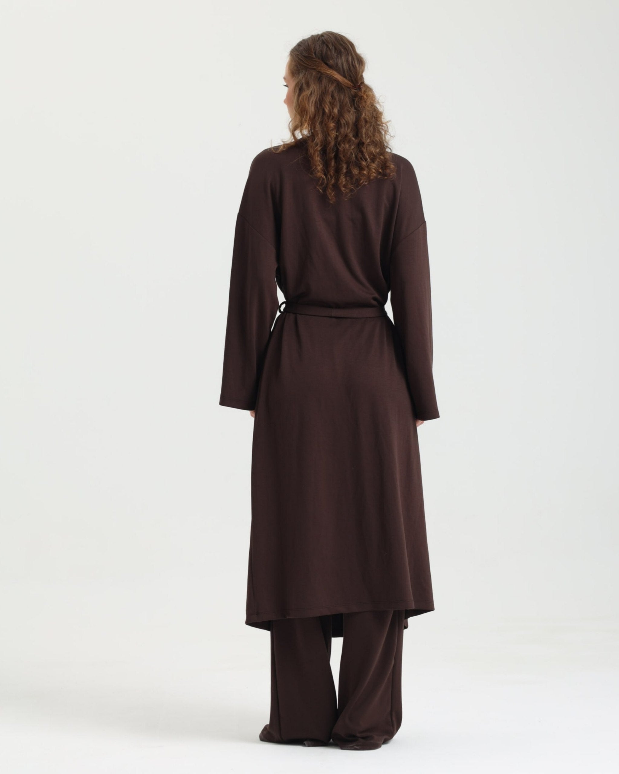Dolce Acı Kahve Pantolon - Crop Top - Kuşaklı Kimono Set