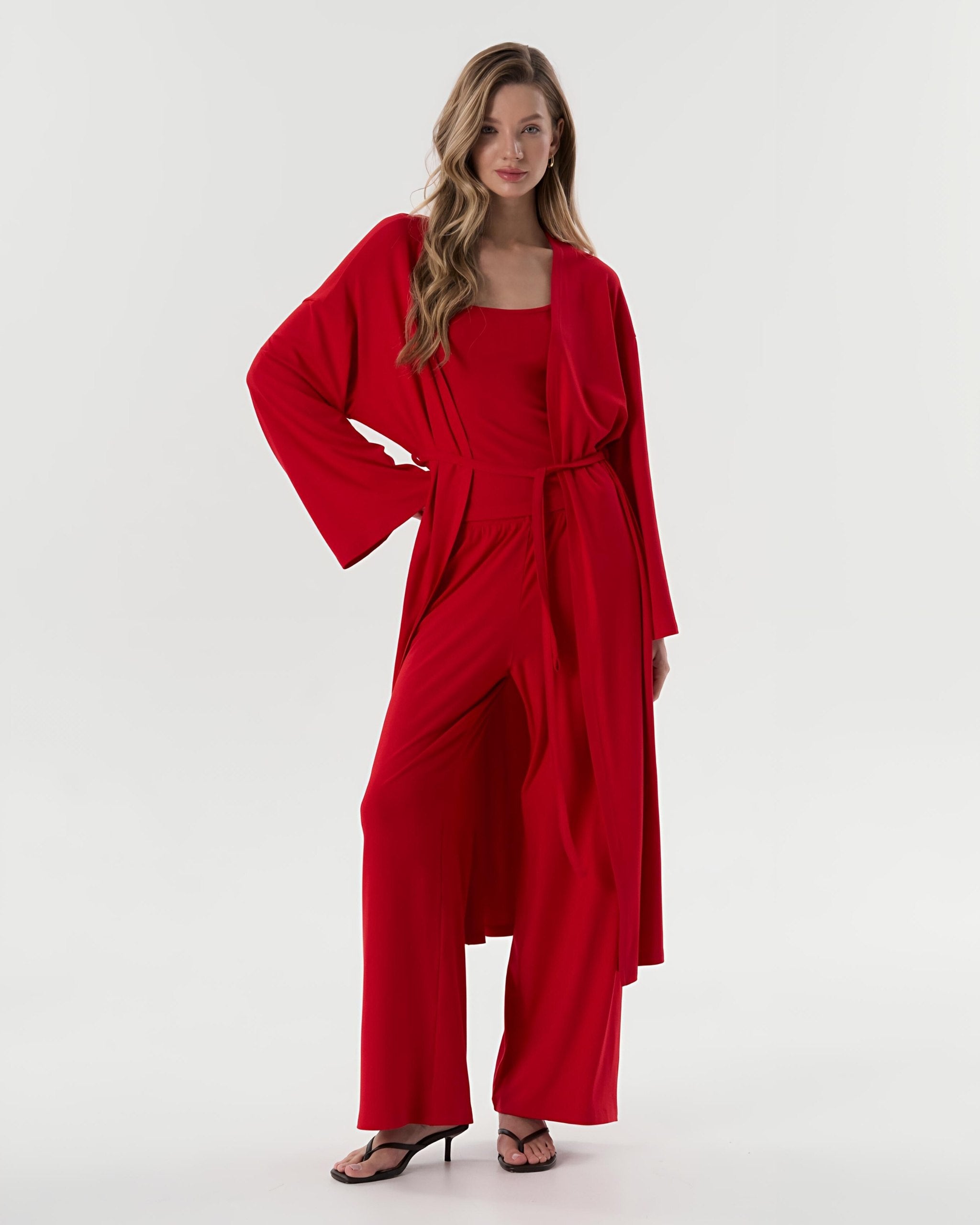 Dolce Kırmızı Pantolon - Askılı Top - Kuşaklı Kimono Set