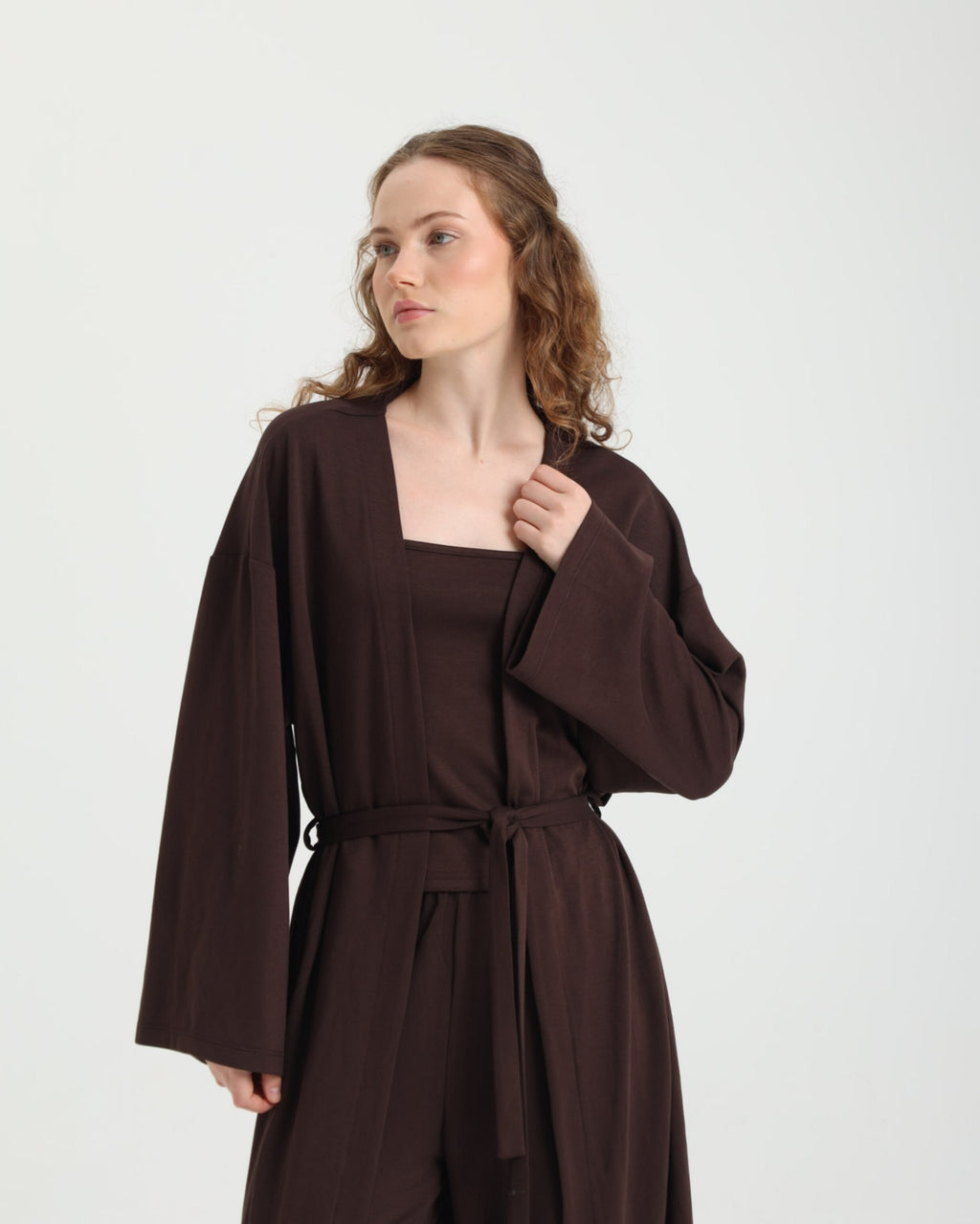 Dolce Acı Kahve Pantolon - Askılı Top - Kuşaklı Kimono Set