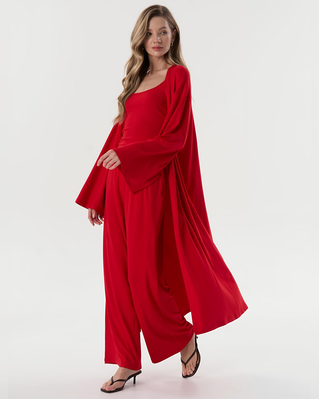 Dolce Kırmızı Pantolon - Askılı Top - Kuşaklı Kimono Set