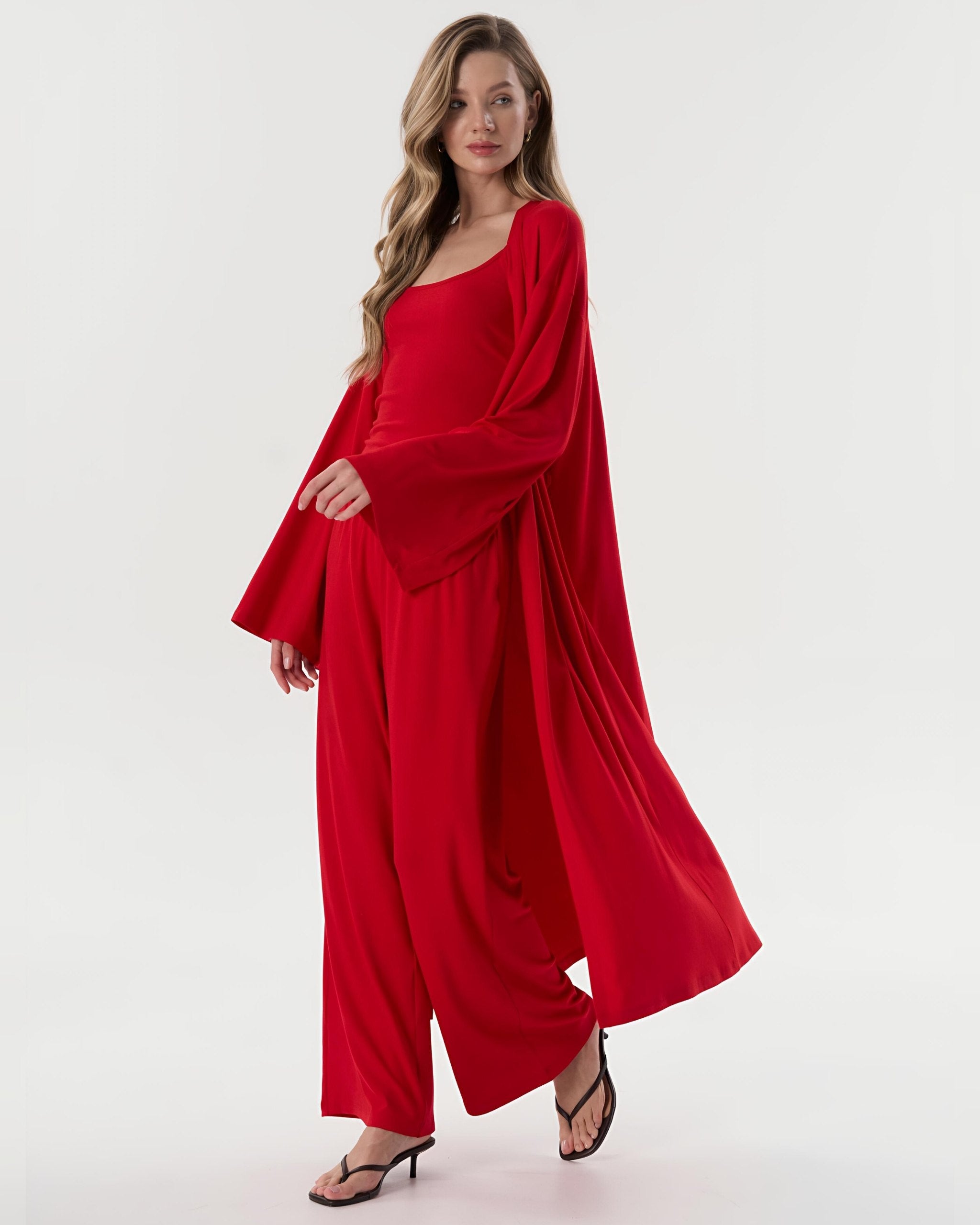 Dolce Kırmızı Pantolon - Askılı Top - Kuşaklı Kimono Set