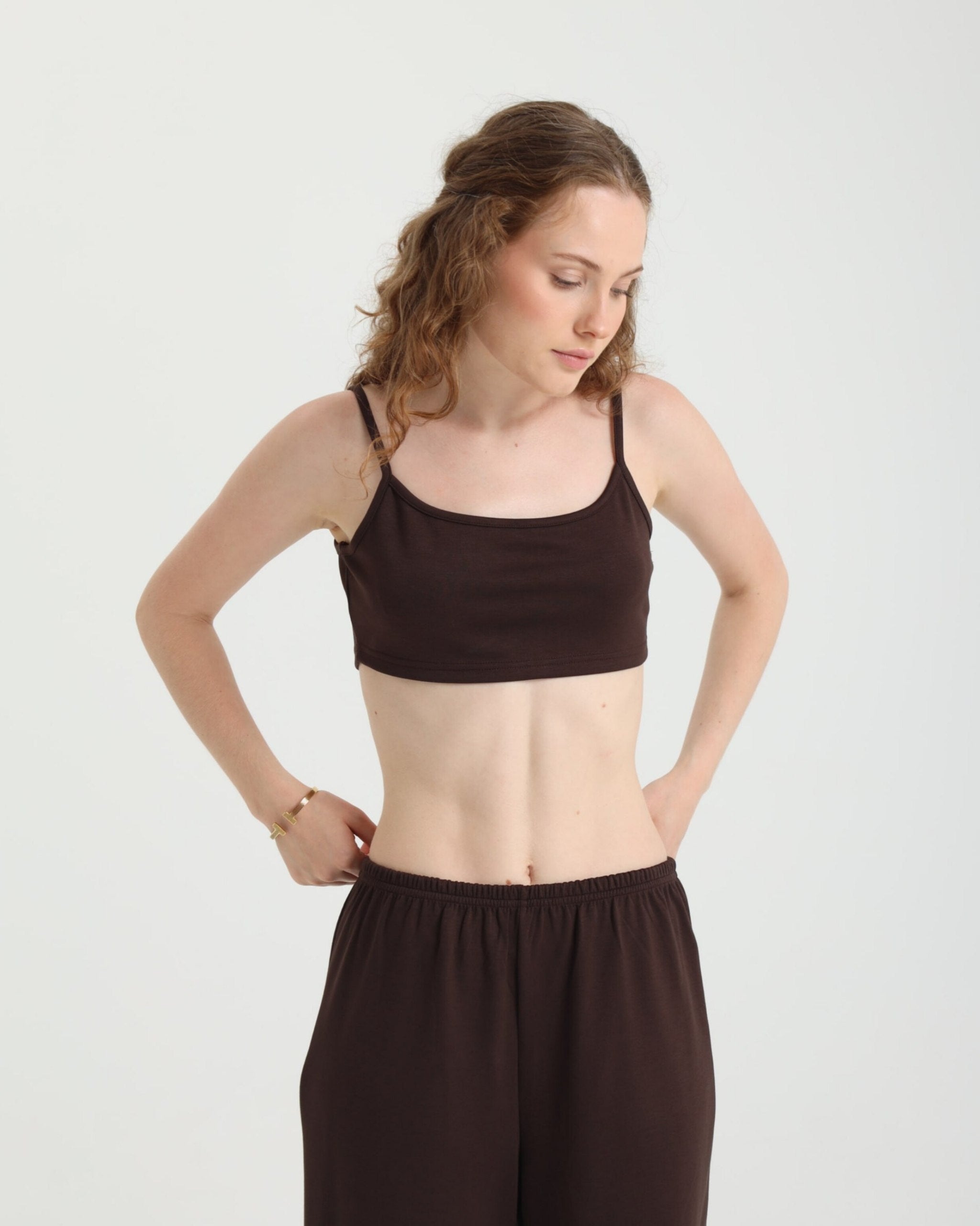 Dolce Acı Kahve Pantolon - Crop Top - Kuşaklı Kimono Set