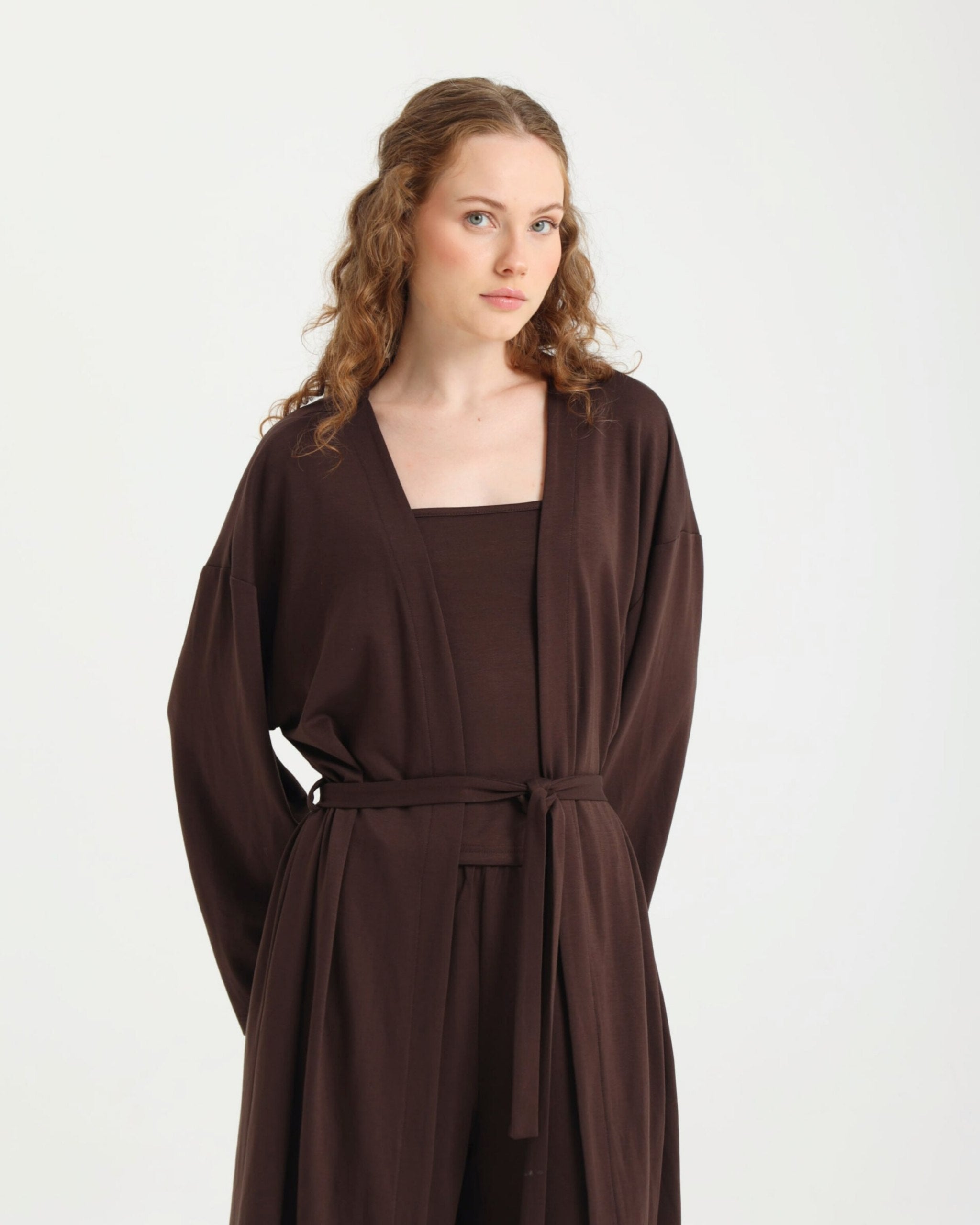 Dolce Acı Kahve Pantolon - Askılı Top - Kuşaklı Kimono Set