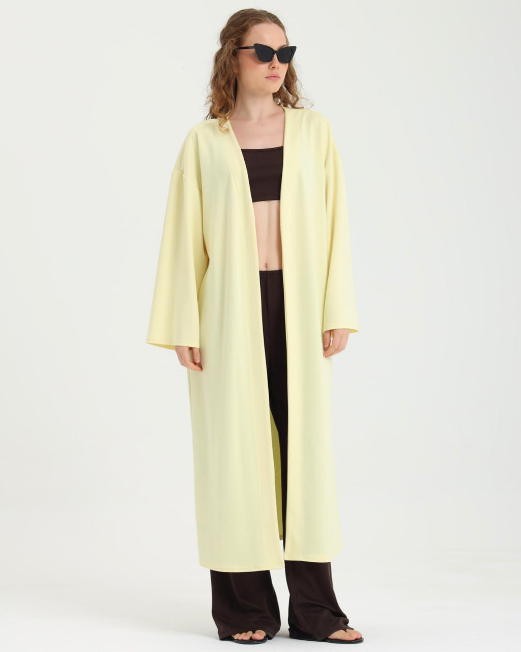 Dolce Acı Kahve Pantolon - Crop Top - Sarı Kuşaklı Kimono Set