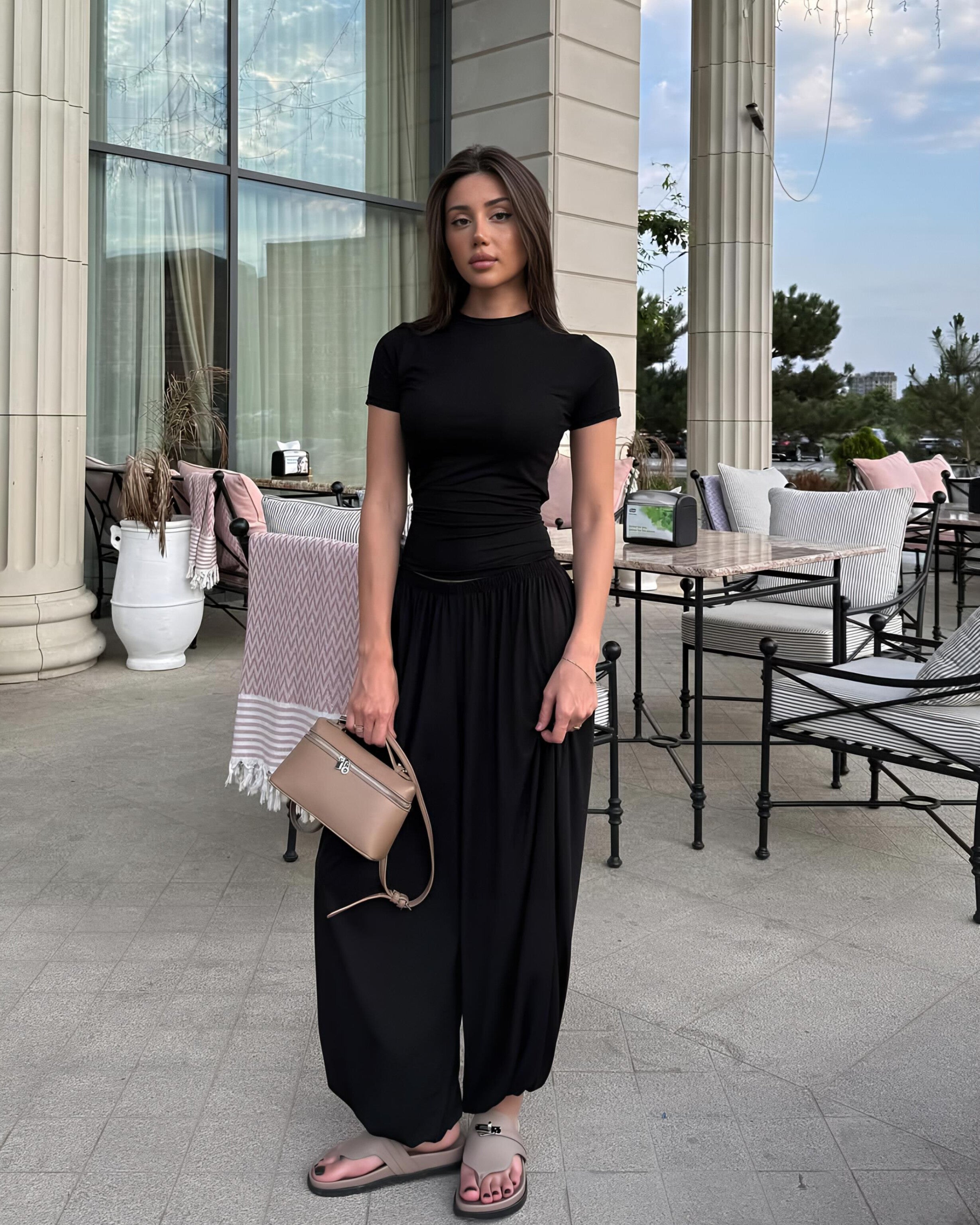 Dolce Siyah Bileği Lastikli Pantolon Kimono T-shirt Set