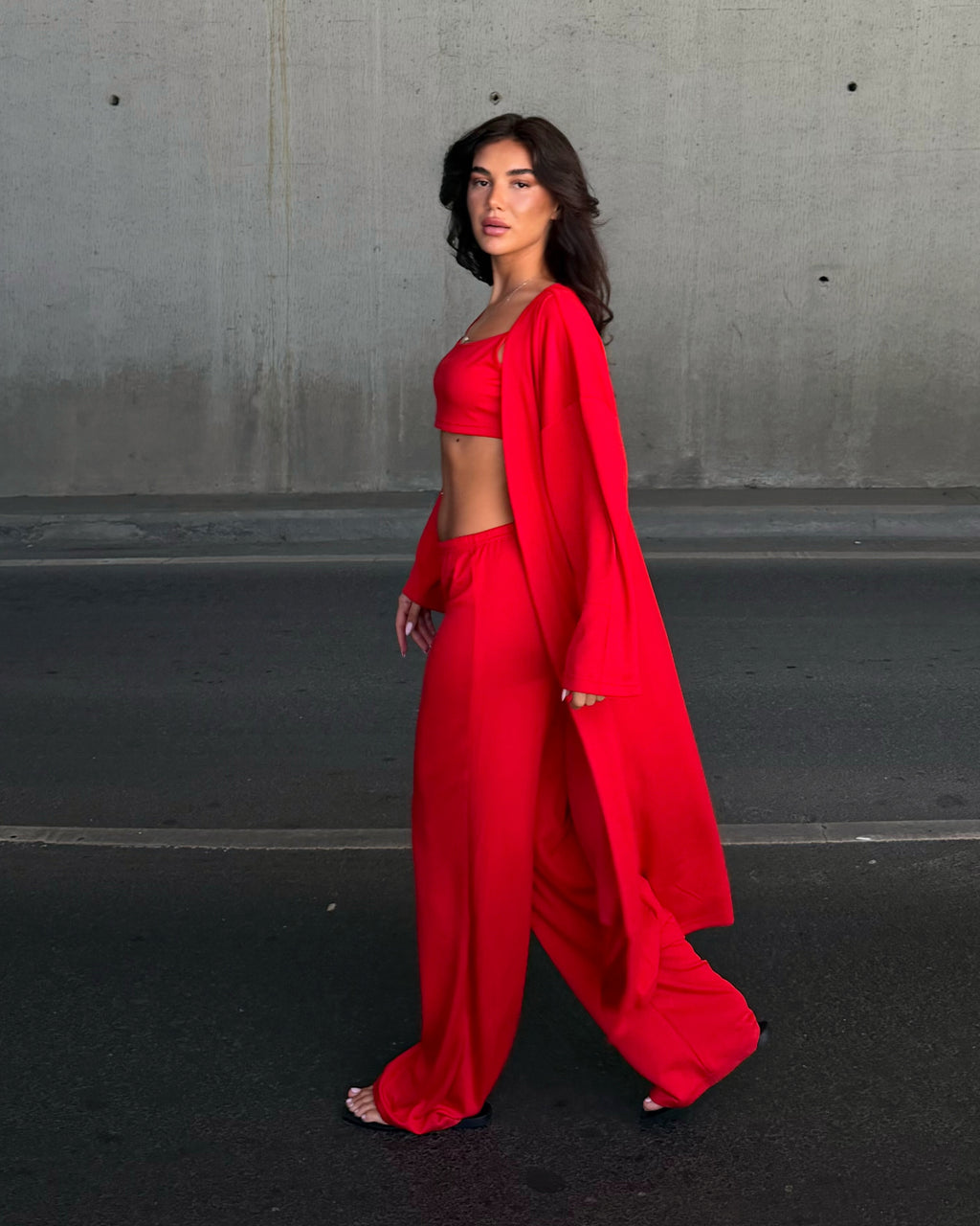 Dolce Kırmızı Crop Top - Pantolon - Kimono Set