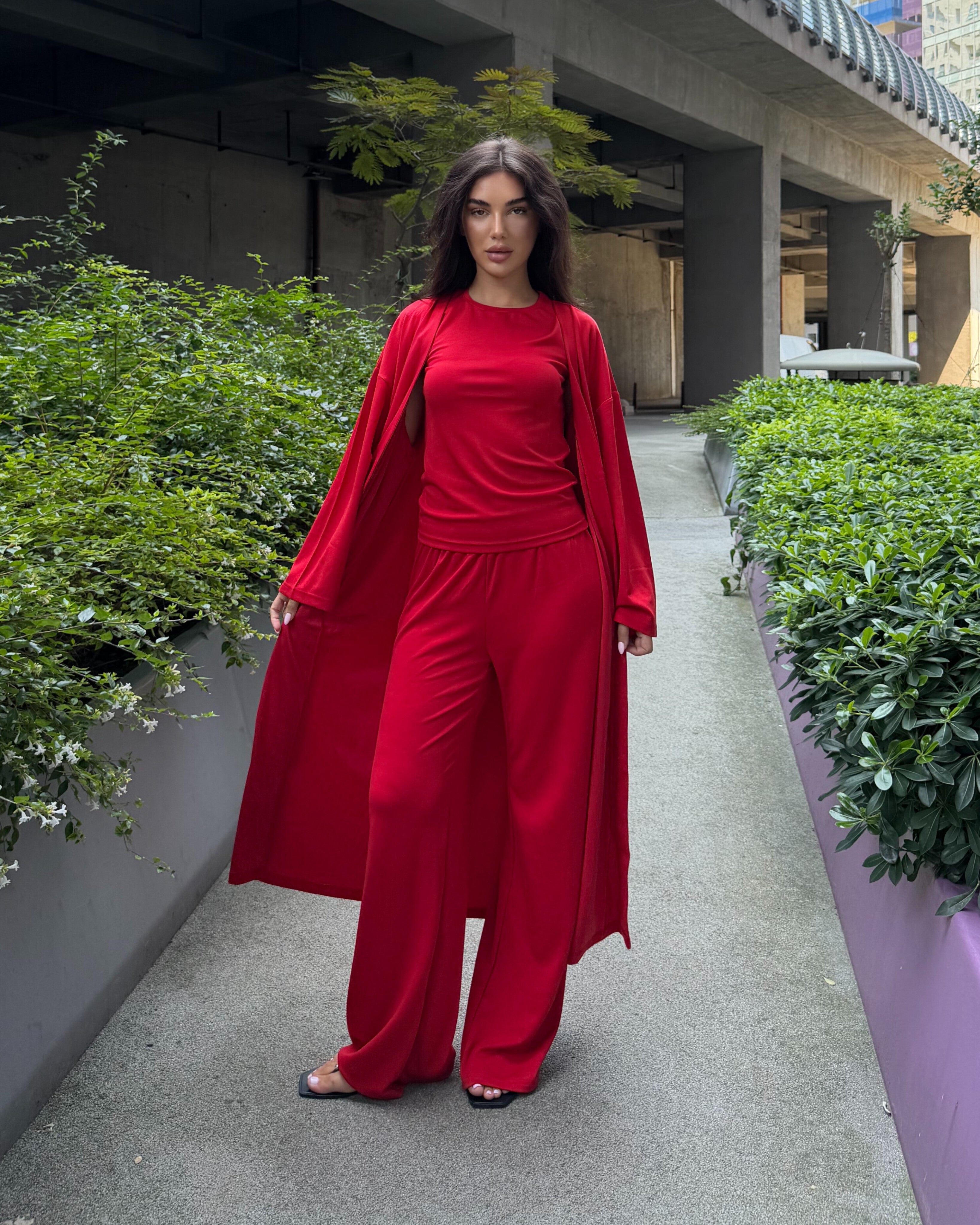 Dolce Kırmızı T-shirt - Pantolon - Kimono Set