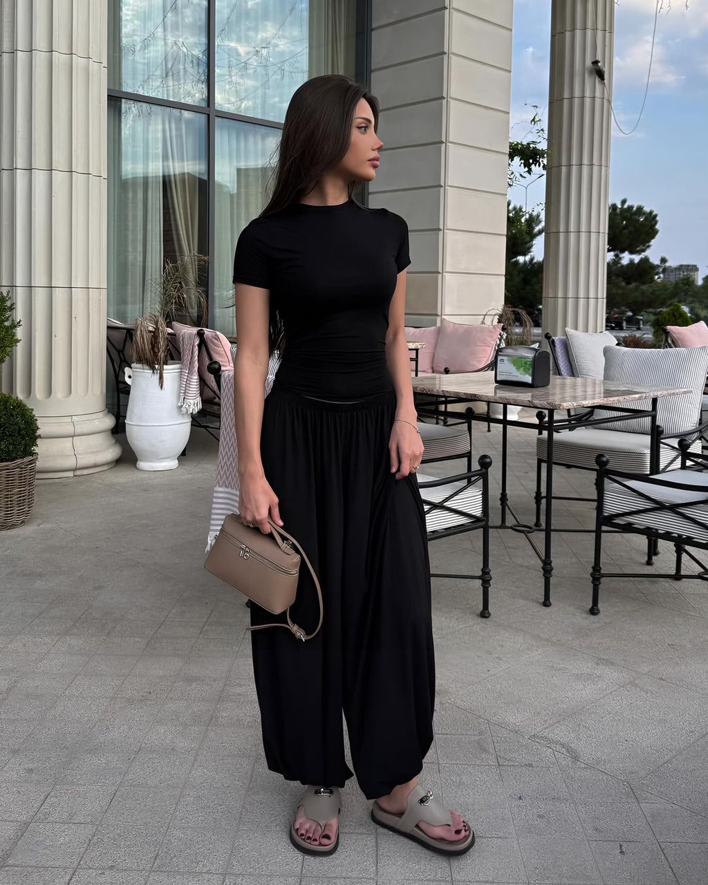 Dolce Siyah Bileği Lastikli Pantolon Kimono T-shirt Set