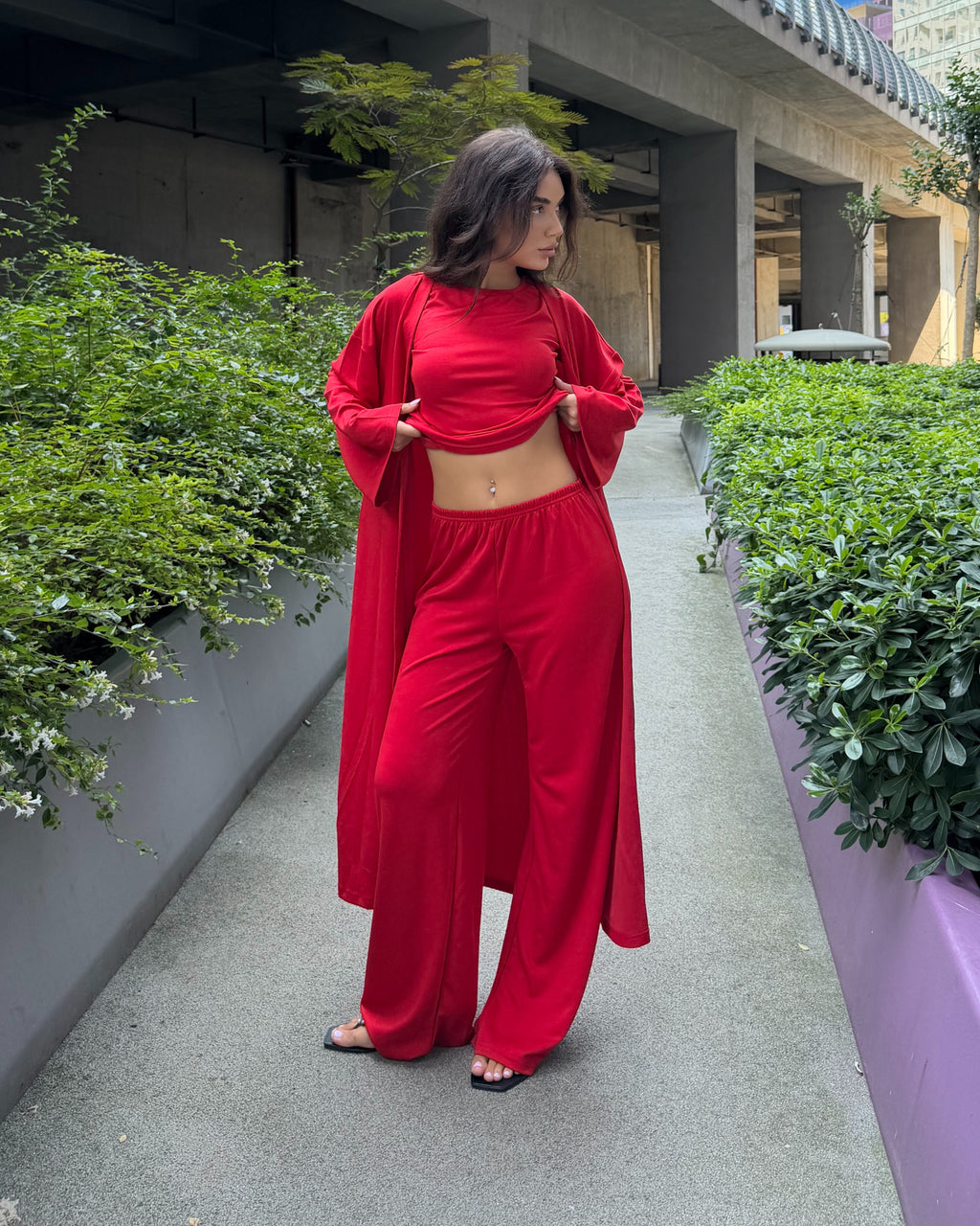Dolce Kırmızı T-shirt - Pantolon - Kimono Set