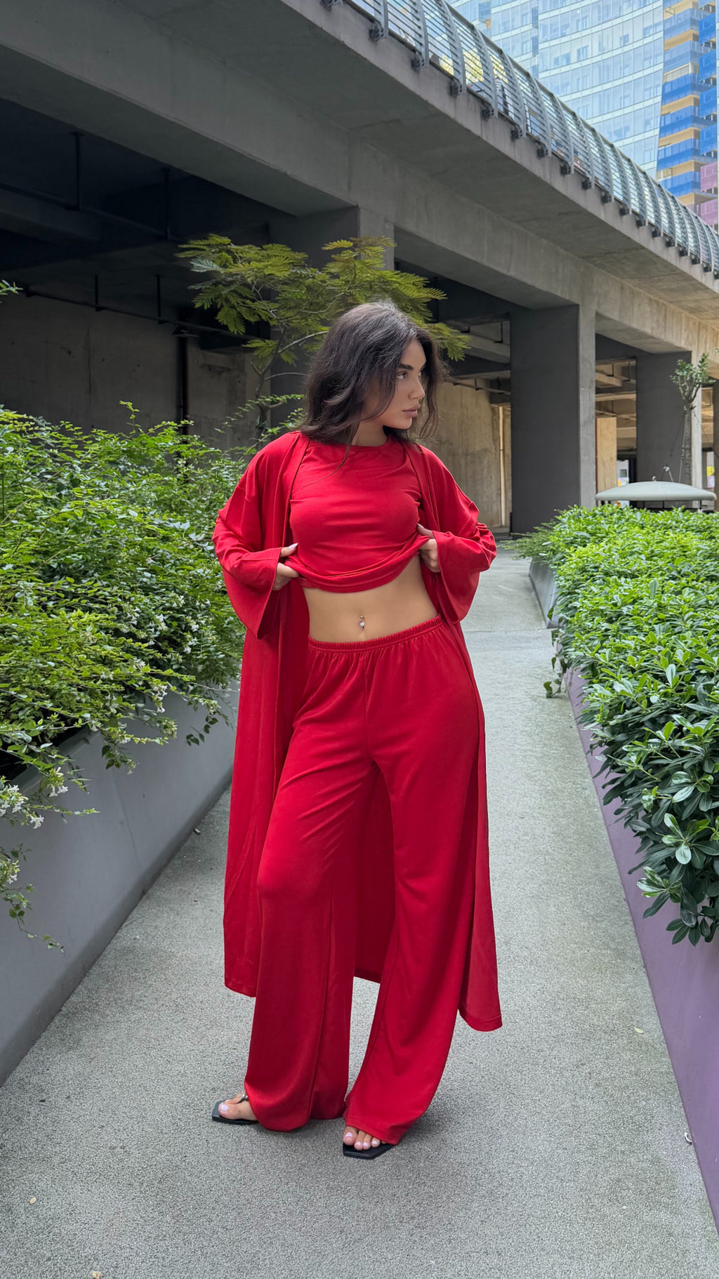 Dolce Kırmızı T-shirt - Pantolon - Kimono Set