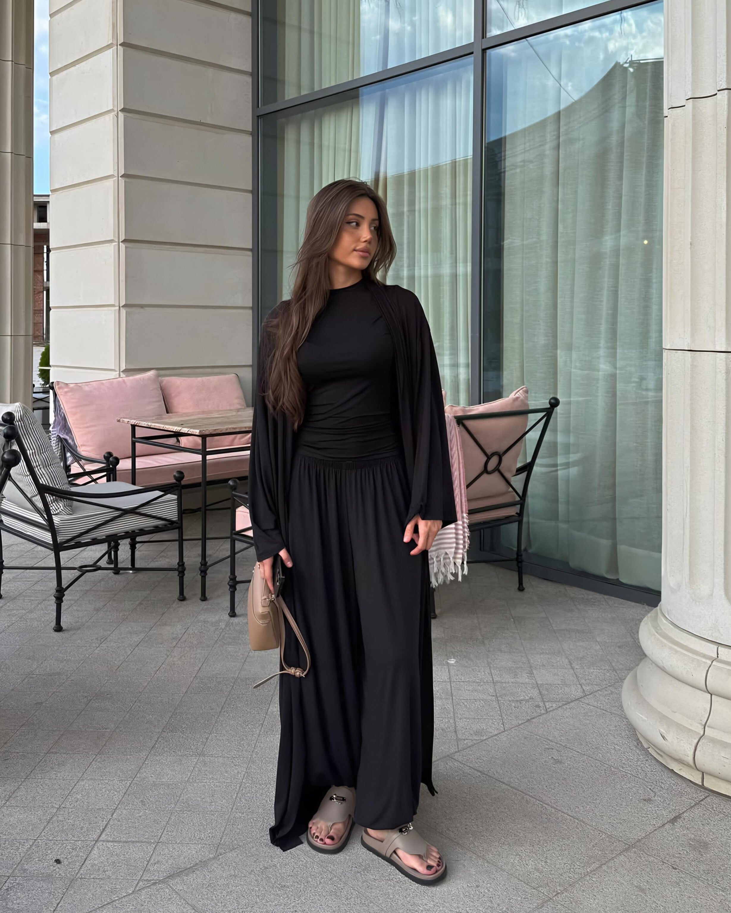 Dolce Siyah Bileği Lastikli Pantolon Kimono T-shirt Set