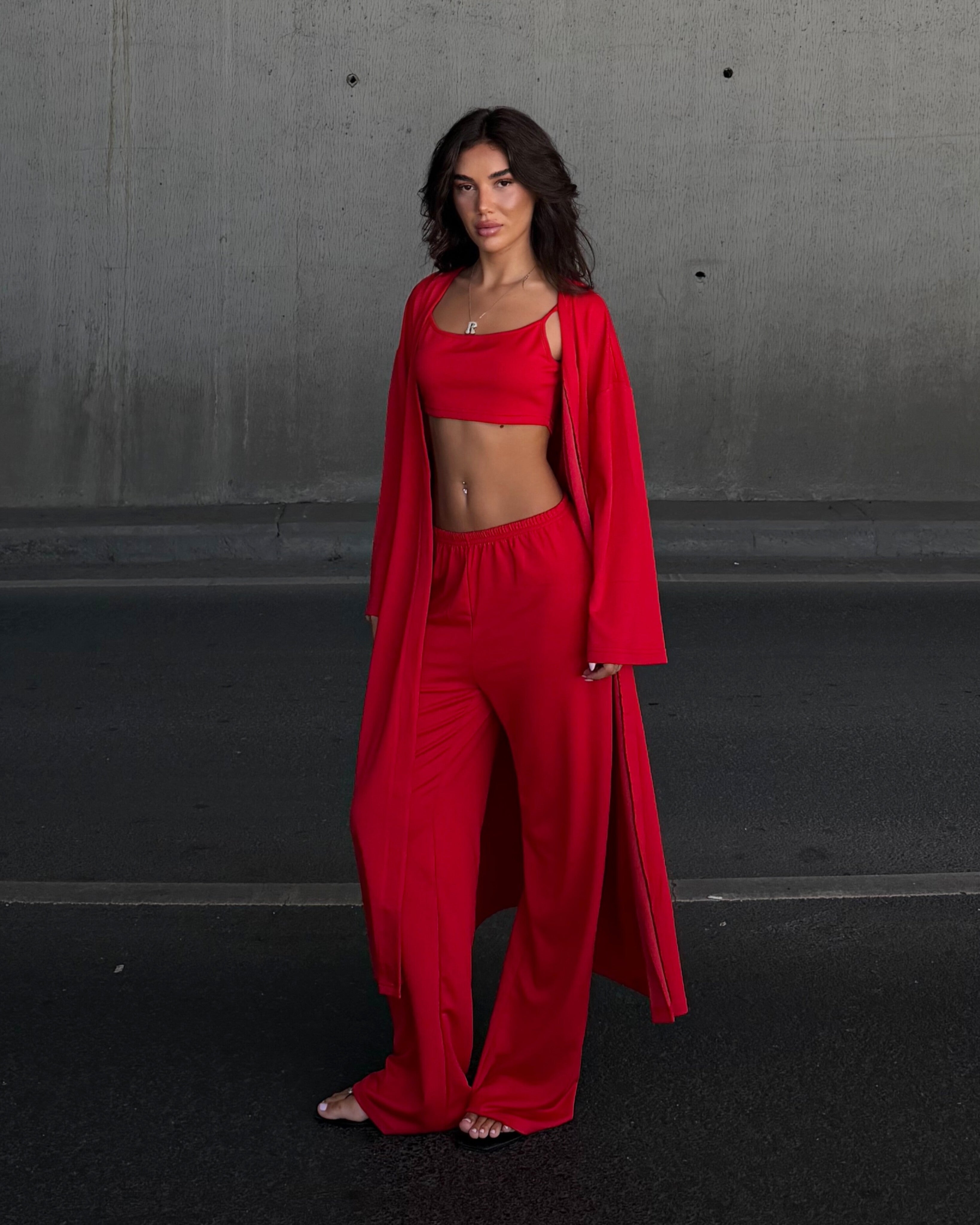 Dolce Kırmızı Crop Top - Pantolon - Kimono Set